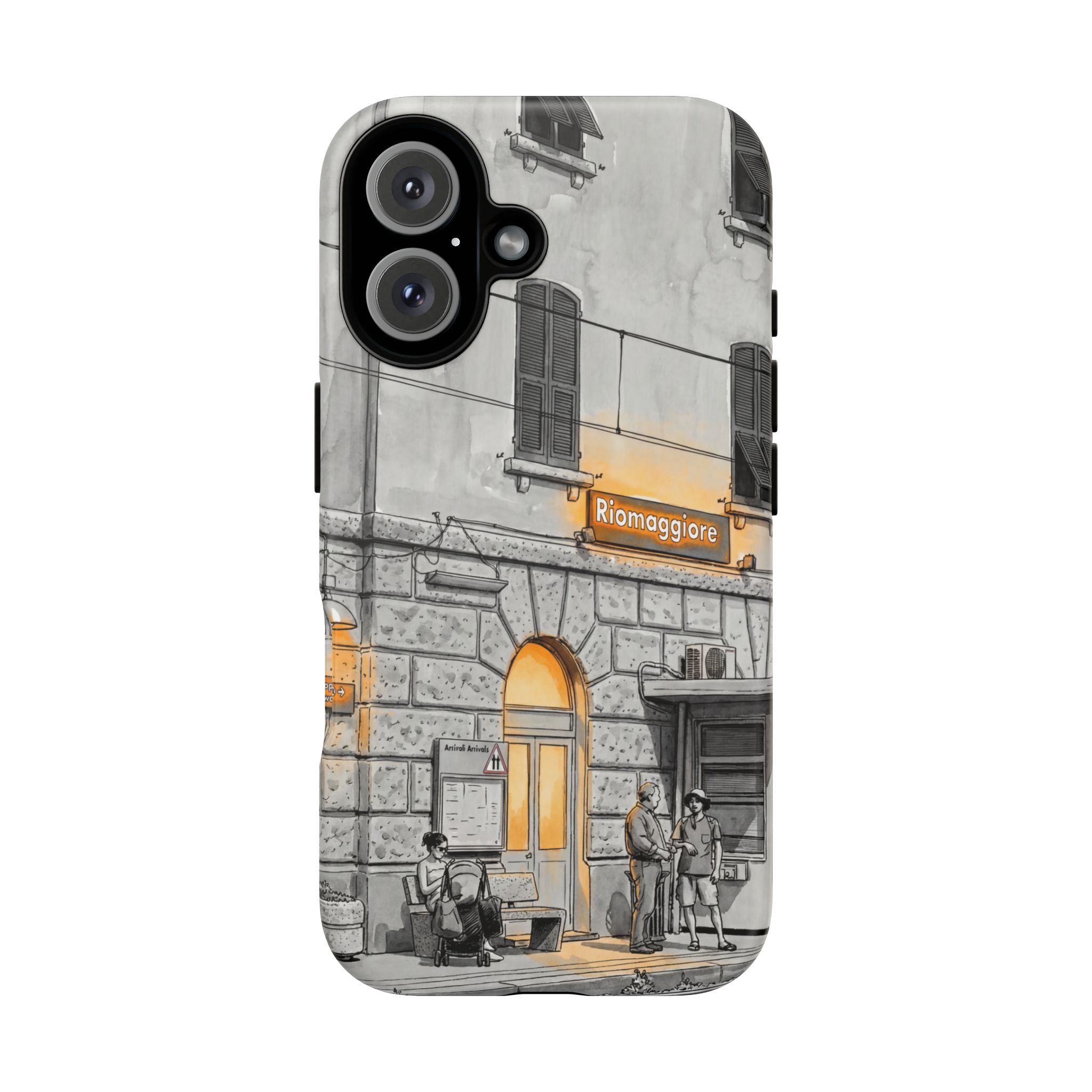 Cinque Terre Train Station iPhone Case | Black & White Sketch with Warm Yellow Accents