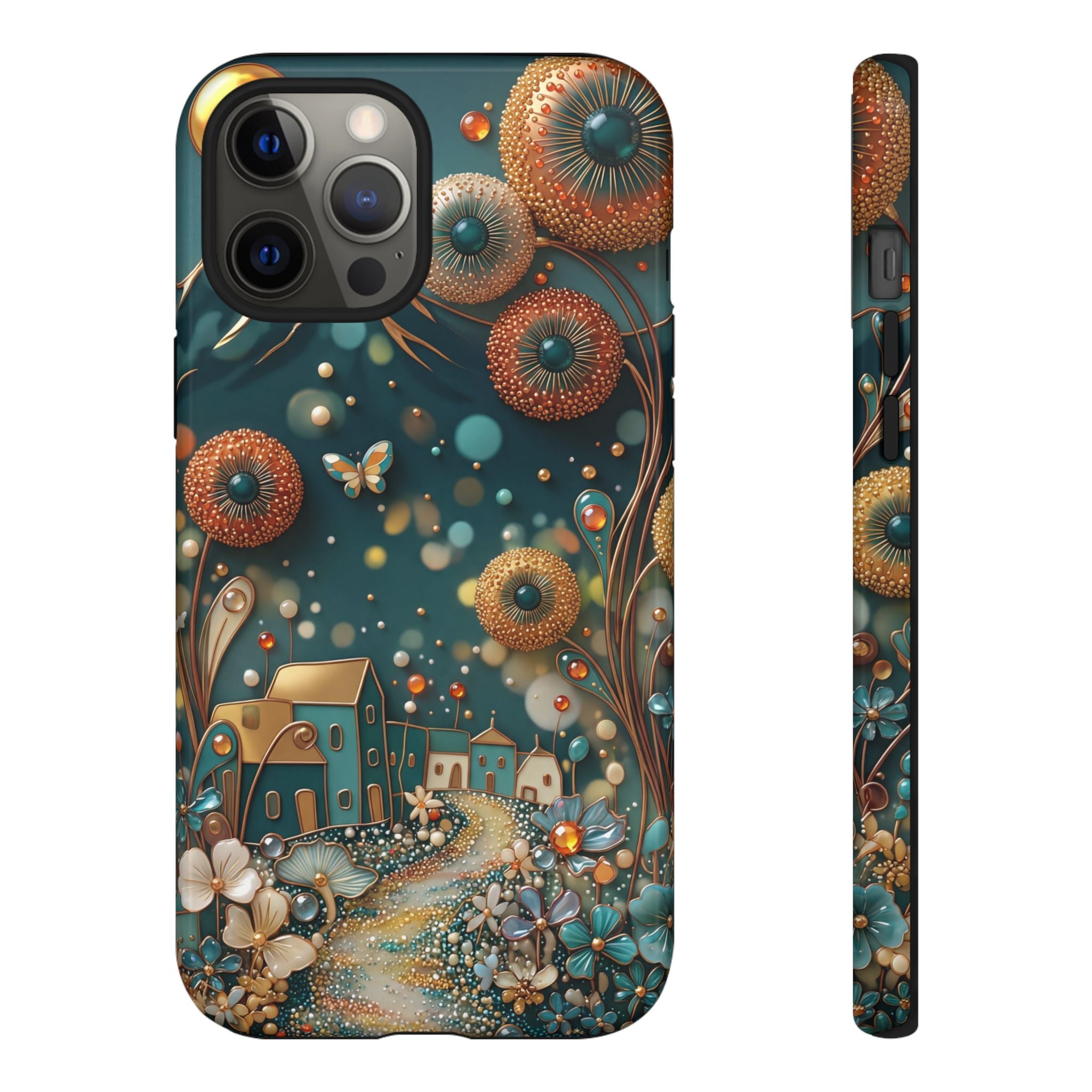 Whimsical Night Village iPhone Case | Floral Moonlit Art Tough Case