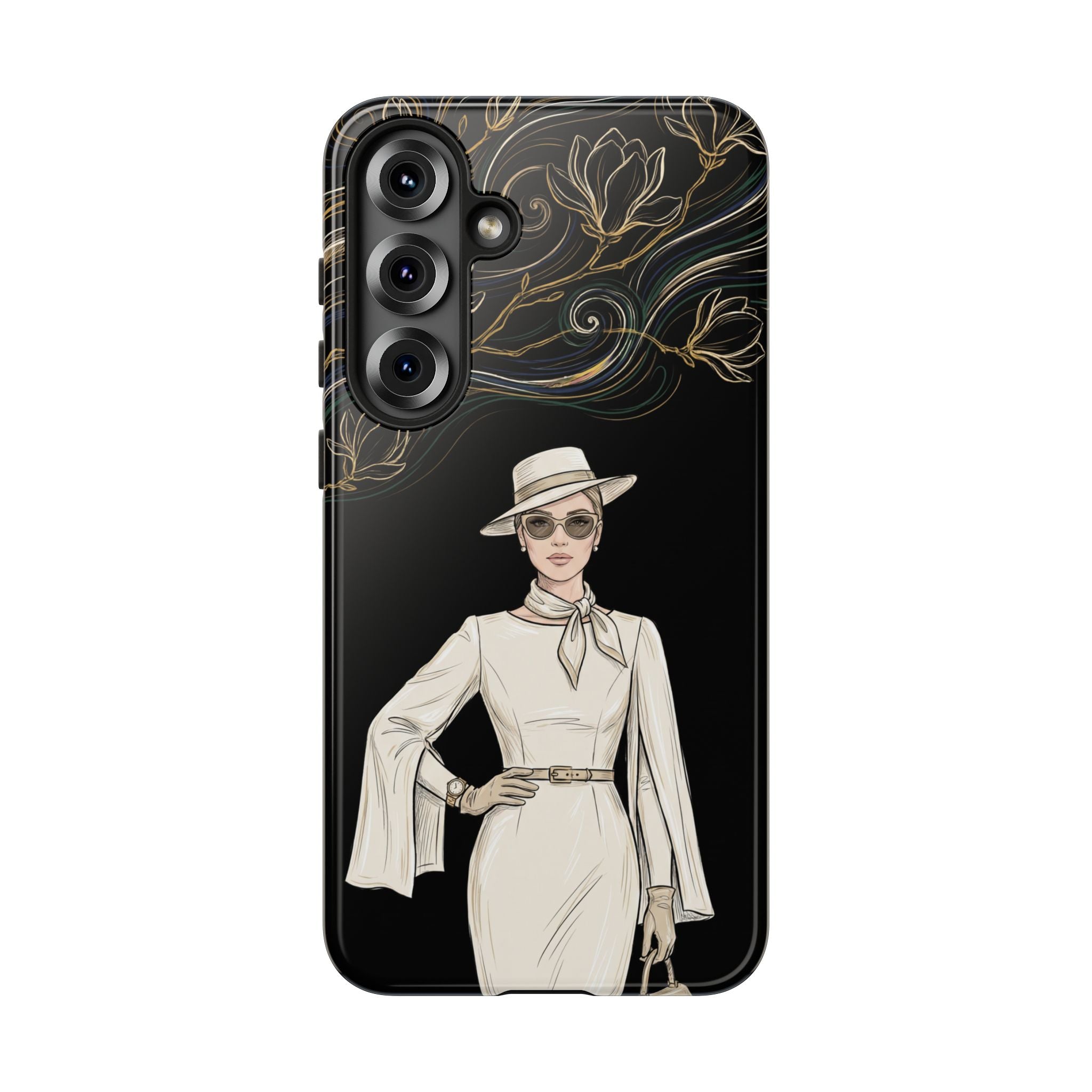 Samsung Galaxy Phone Case | Elegant Vintage Lady with Gold Floral Swirls