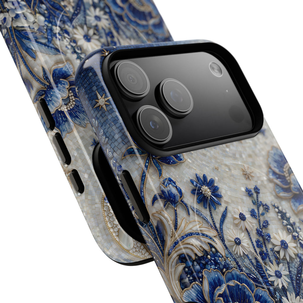 Blue Floral Moon MagSafe iPhone Case | Vintage Botanical Night Sky Protective Case