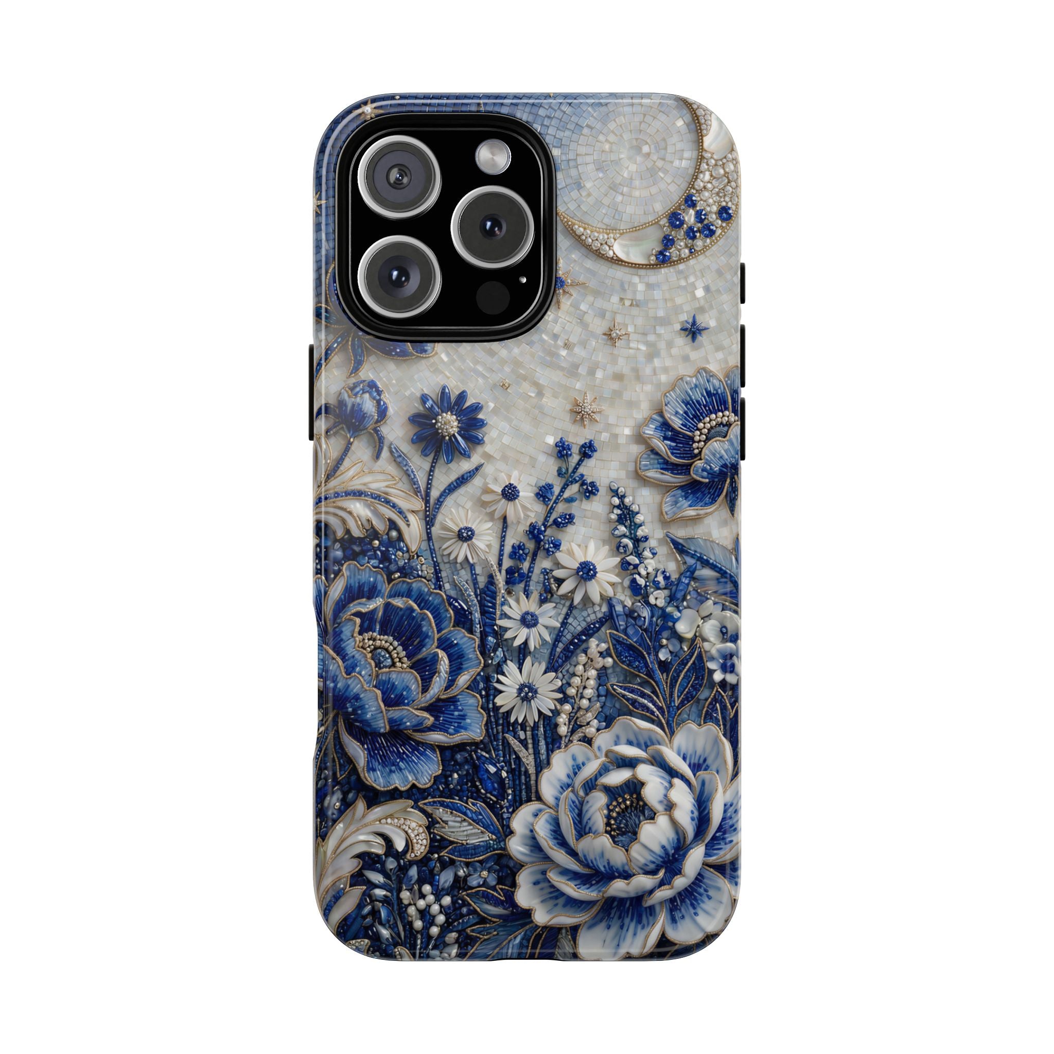Blue Floral Moon iPhone Case | Vintage Botanical Night Sky Protective Case