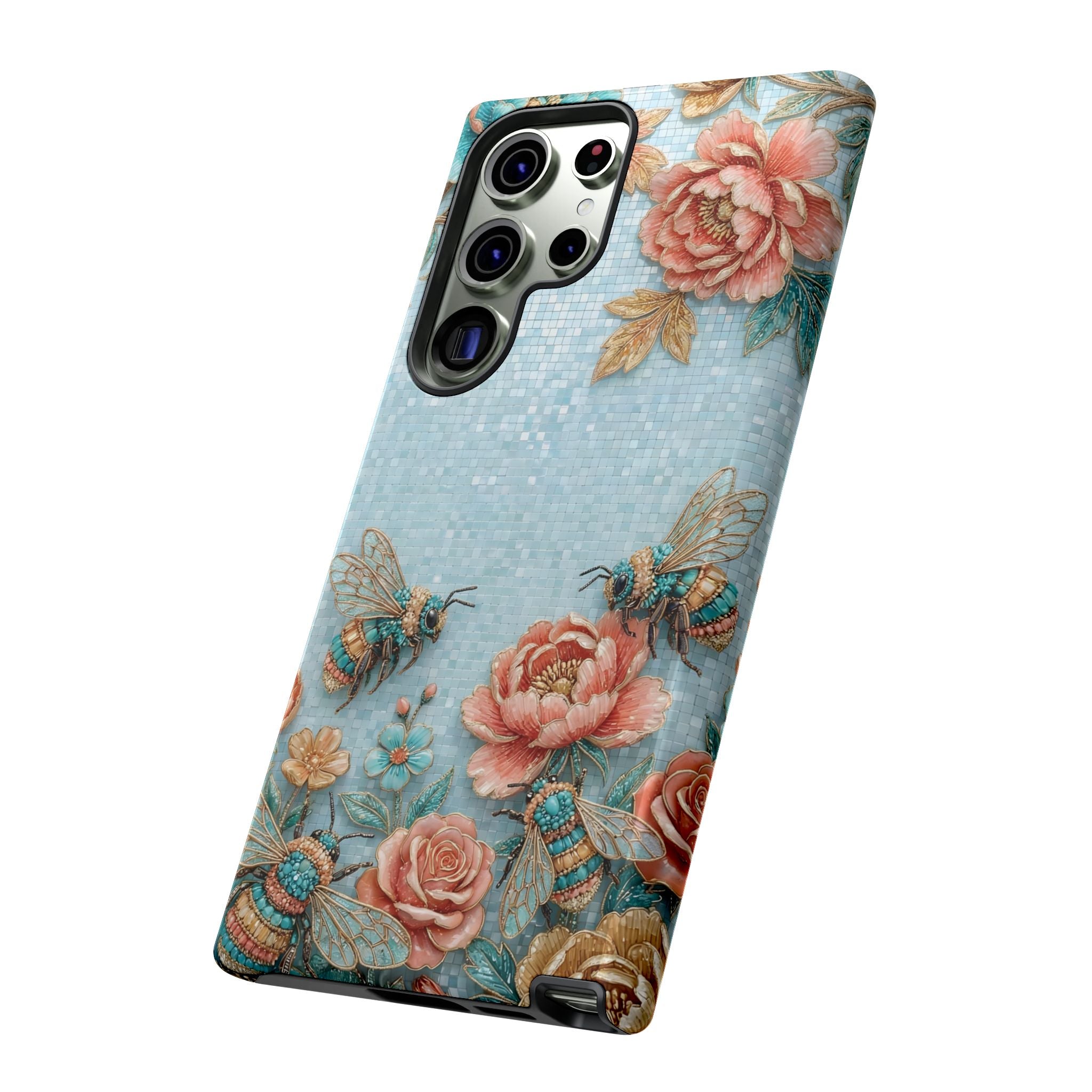 Floral Bees Samsung Galaxy Phone Case | Vintage Rose & Turquoise Protective Cover