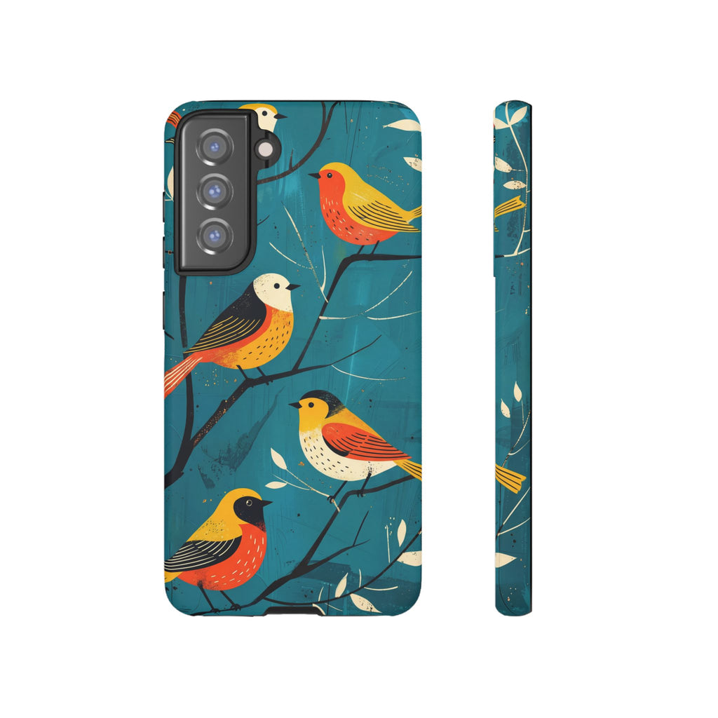 Bird Pattern Tough Samsung Galaxy Phone Case | Colourful Songbirds on Teal Background