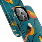 Bird Pattern Tough iPhone Case | Colourful Songbirds on Teal Background