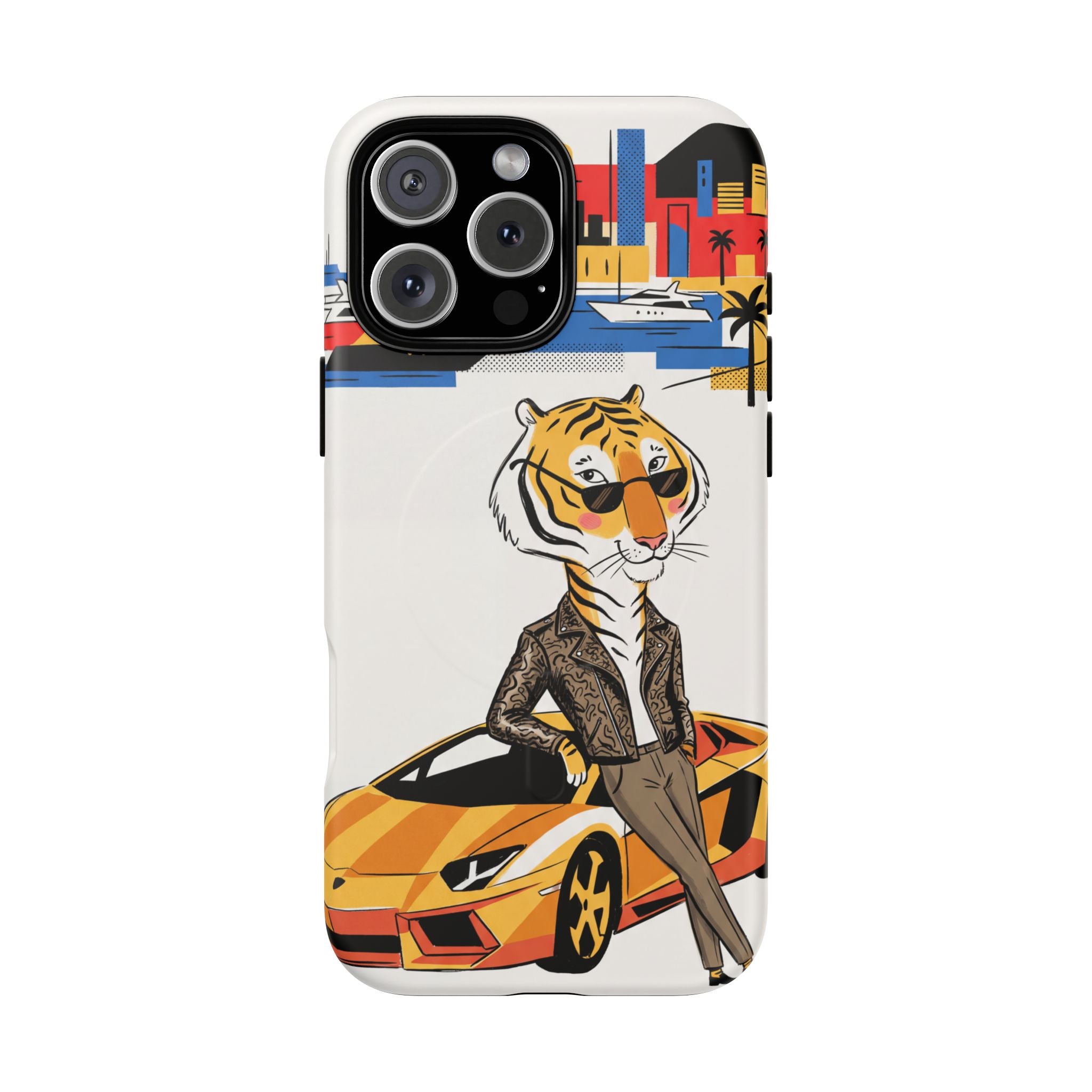Stylish Tiger with Sports Car Illustration MagSafe iPhone Case