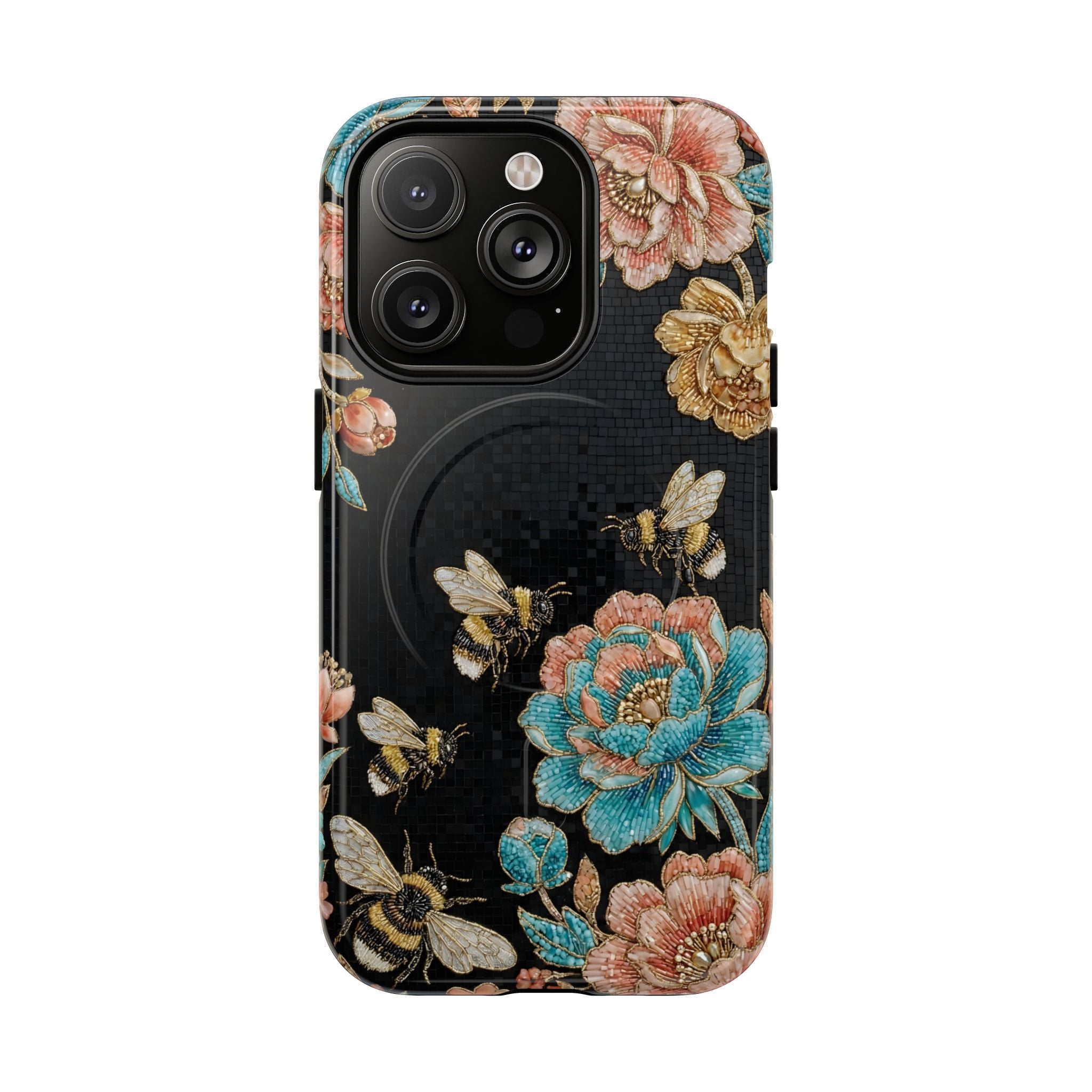 Floral Bees Tough MagSafe iPhone Case | Vintage Rose & Bumblebee Protective Cover
