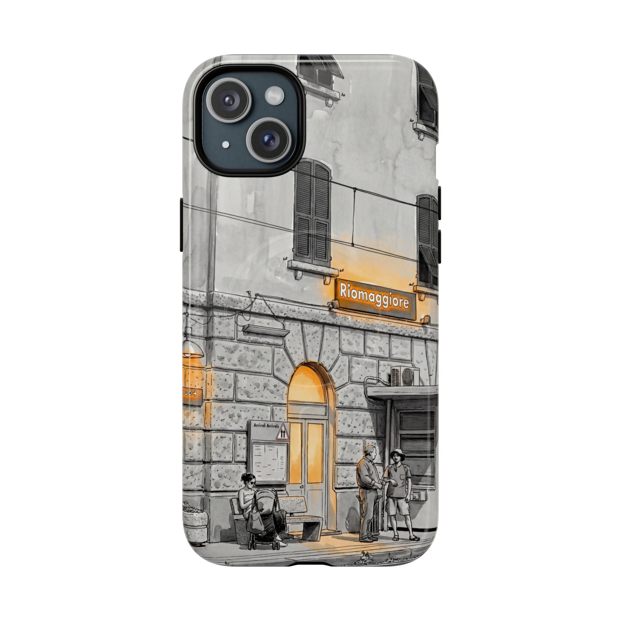 Custodia per telefono MagSafe con motivo stazione ferroviaria Cinque Terre | Schizzo in bianco e nero con accenti giallo caldo