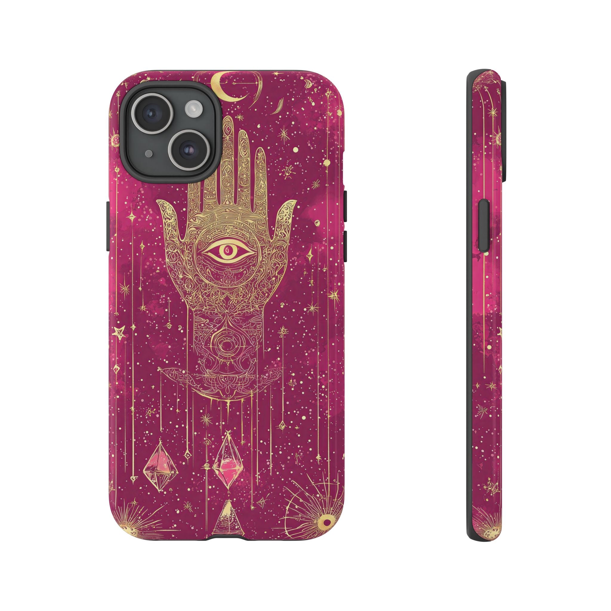 Mystic Hamsa iPhone Case | Gold Palm & All-Seeing Eye on Magenta Galaxy