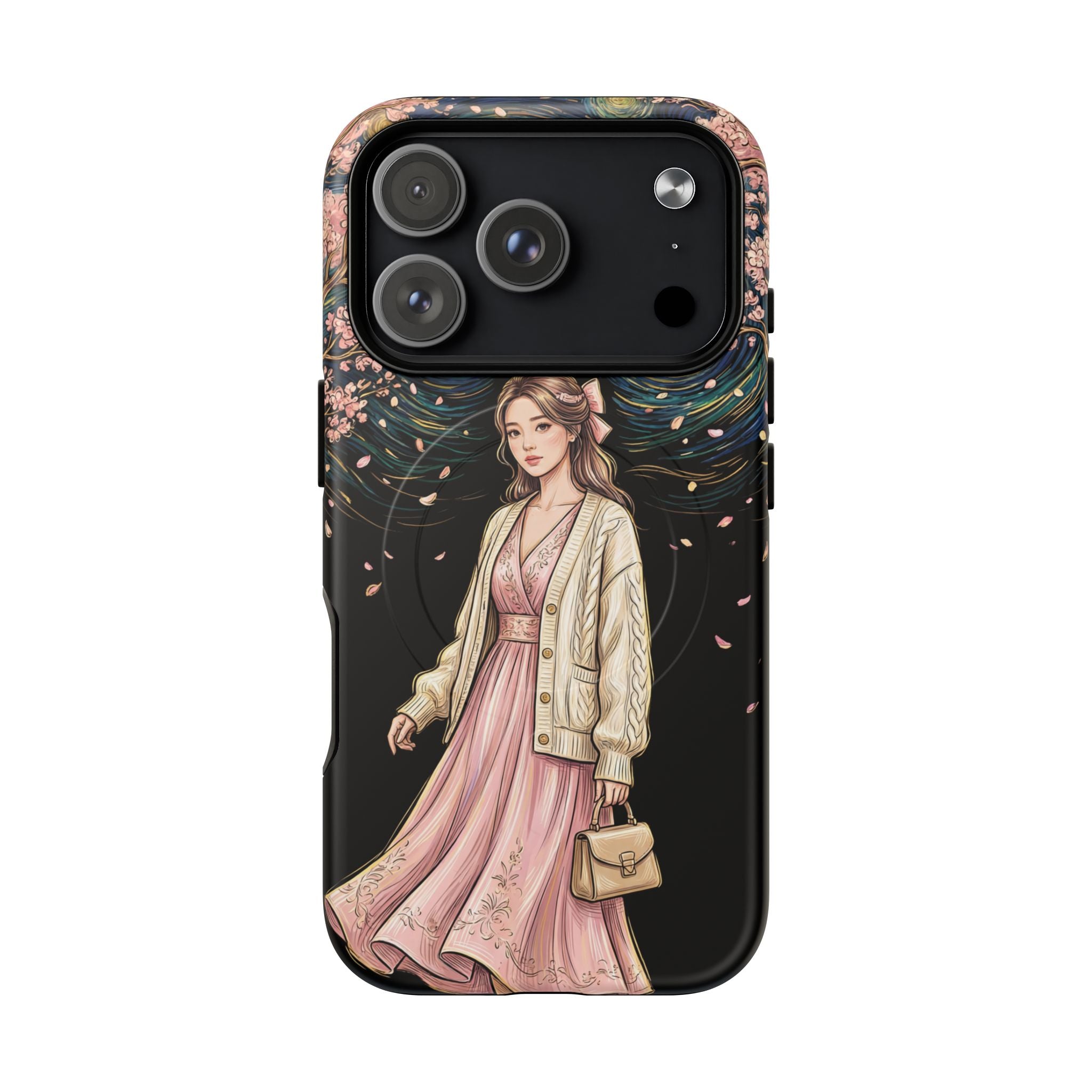 Floral Starry Night MagSafe iPhone Case | Elegant Girl in Pink Dress
