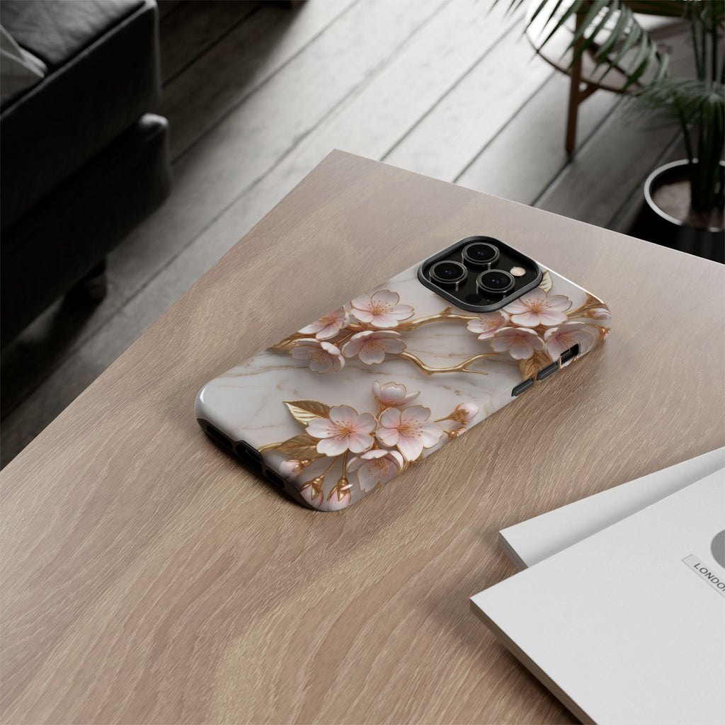 Floral Marble iPhone Case — Sakura Gold Cherry Blossom Tough Case