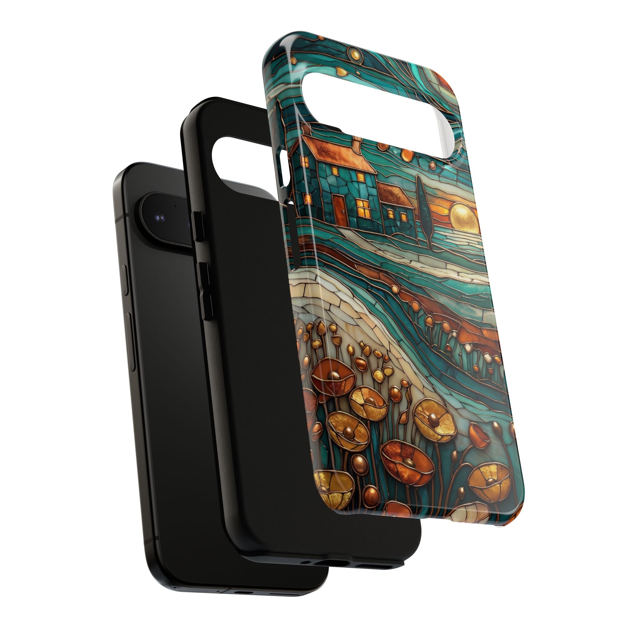 Artistic Sunset Cottage Google Pixel Case | Whimsical Floral Landscape Protective Cover