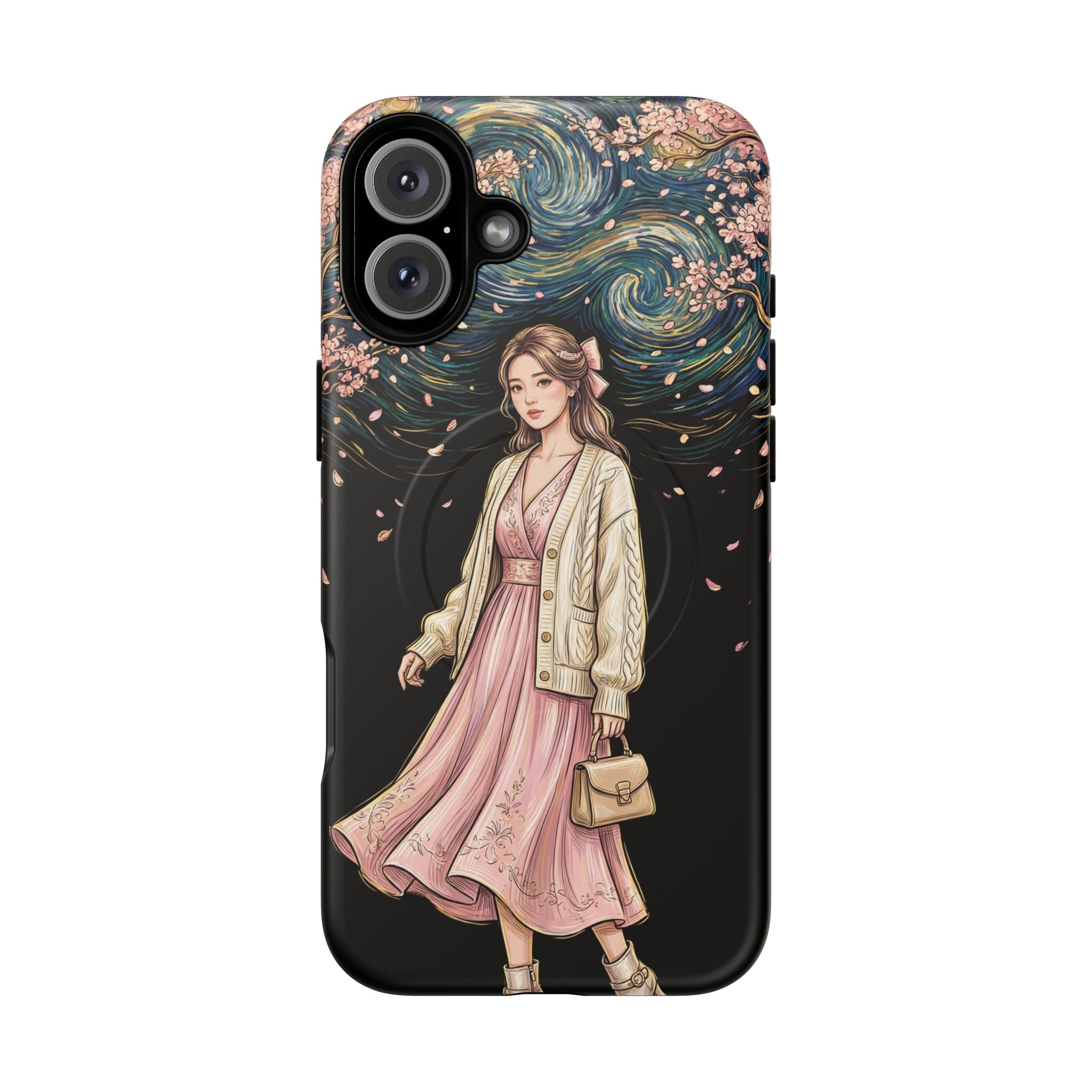 Floral Starry Night MagSafe iPhone Case | Elegant Girl in Pink Dress
