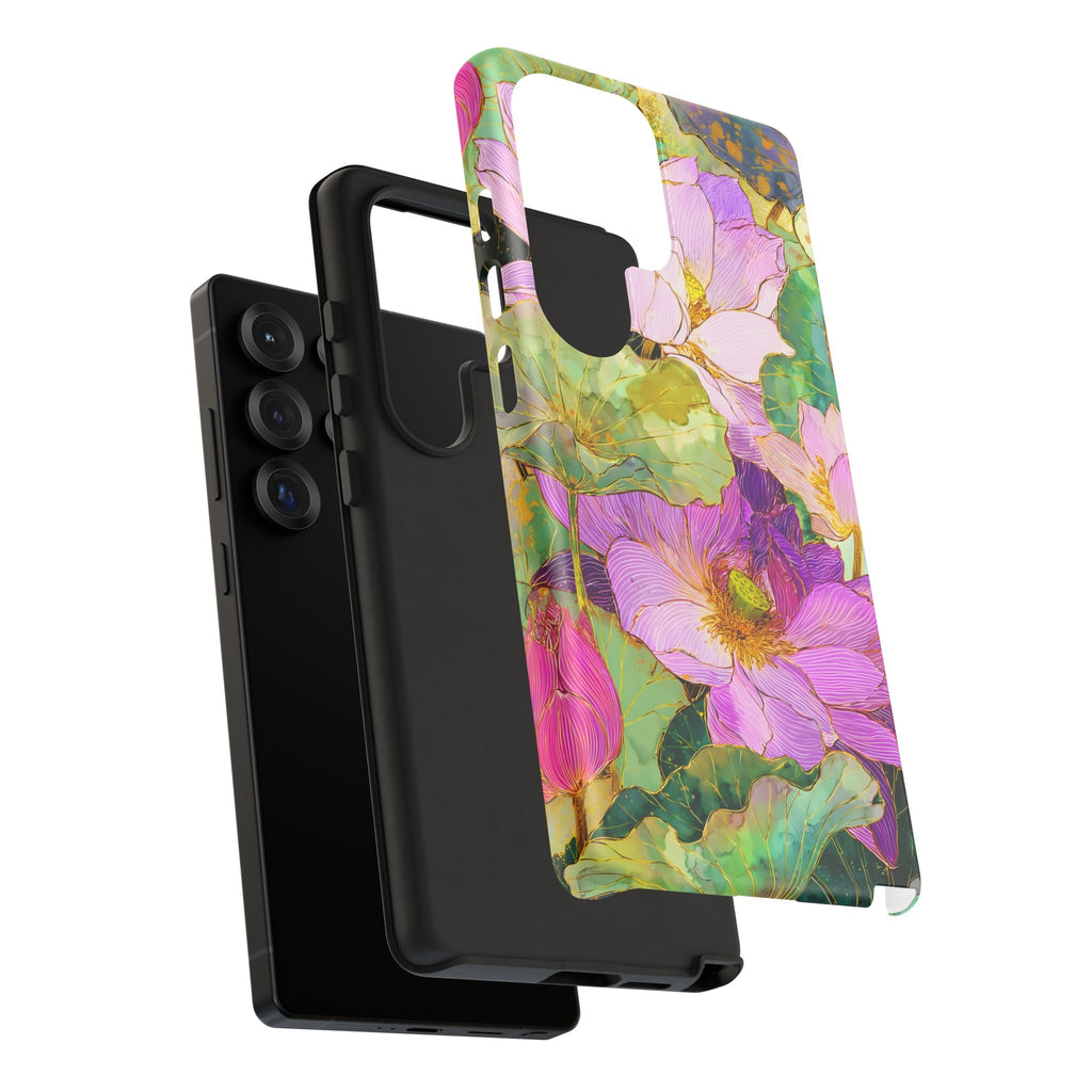 Custodia Protettiva Resistente per Telefono Samsung Galaxy con Acquerello Floreale | Cover Protettiva Giardino di Loto Rosa