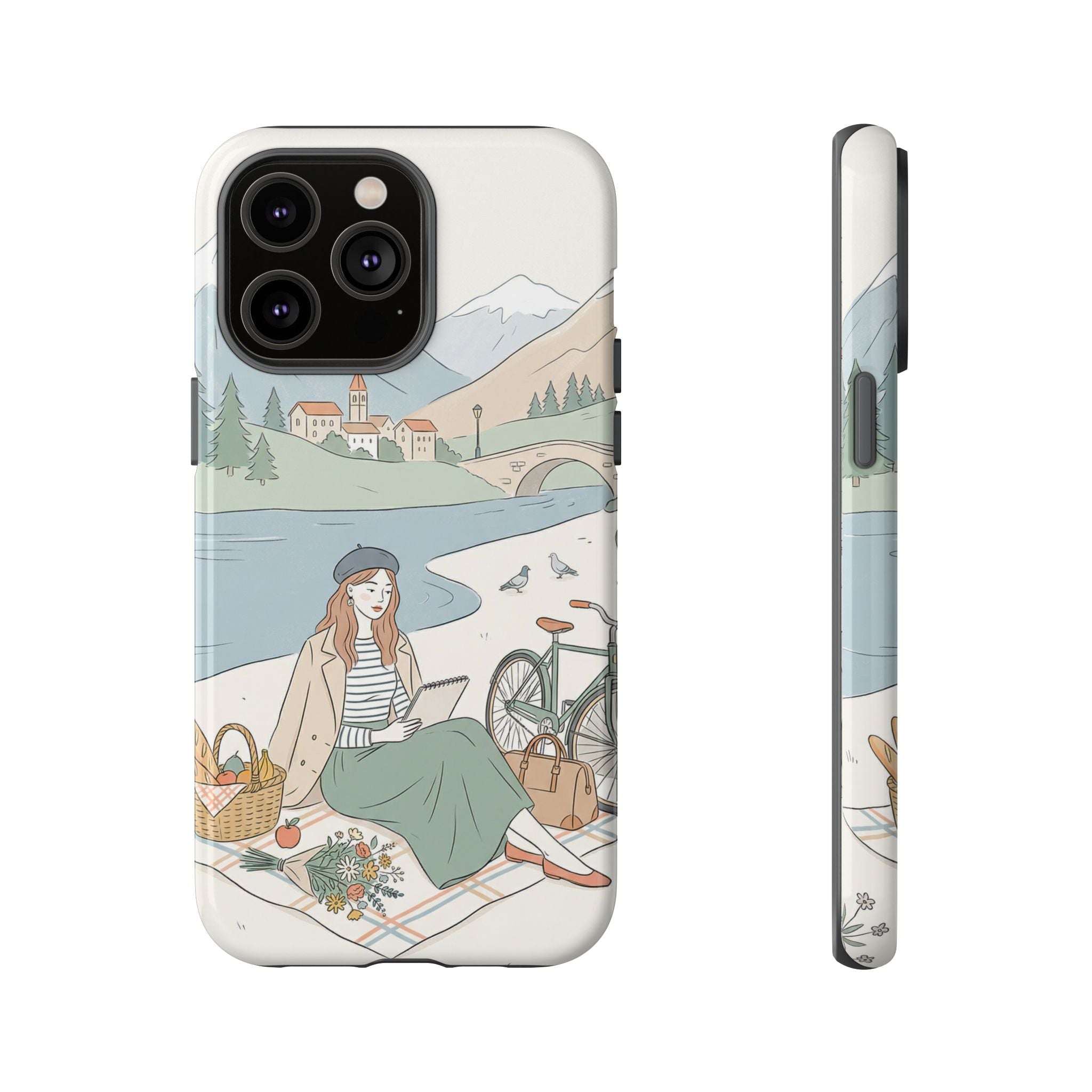 Scenic Picnic iPhone Case | Vintage Bicycle & Mountain Illustration