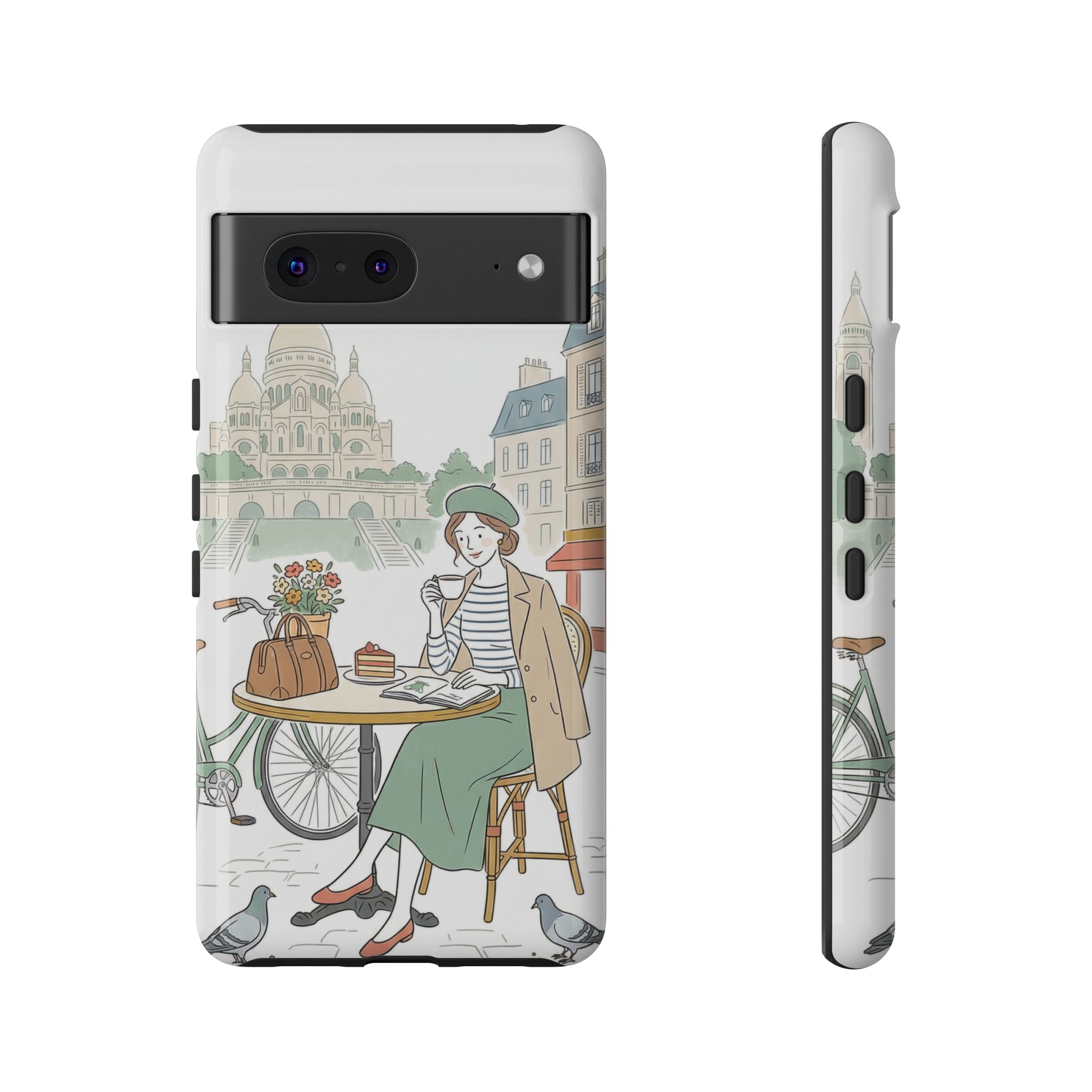 Paris Cafe Illustration Google Pixel Phone Case | Vintage Bicycles & Pigeons Protective Cover