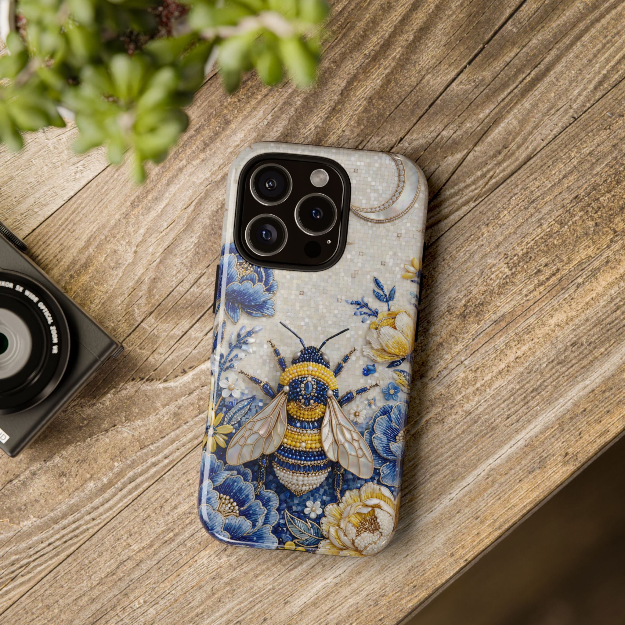 Floral Bee Tough iPhone Case | Blue & Yellow Moon Garden Design
