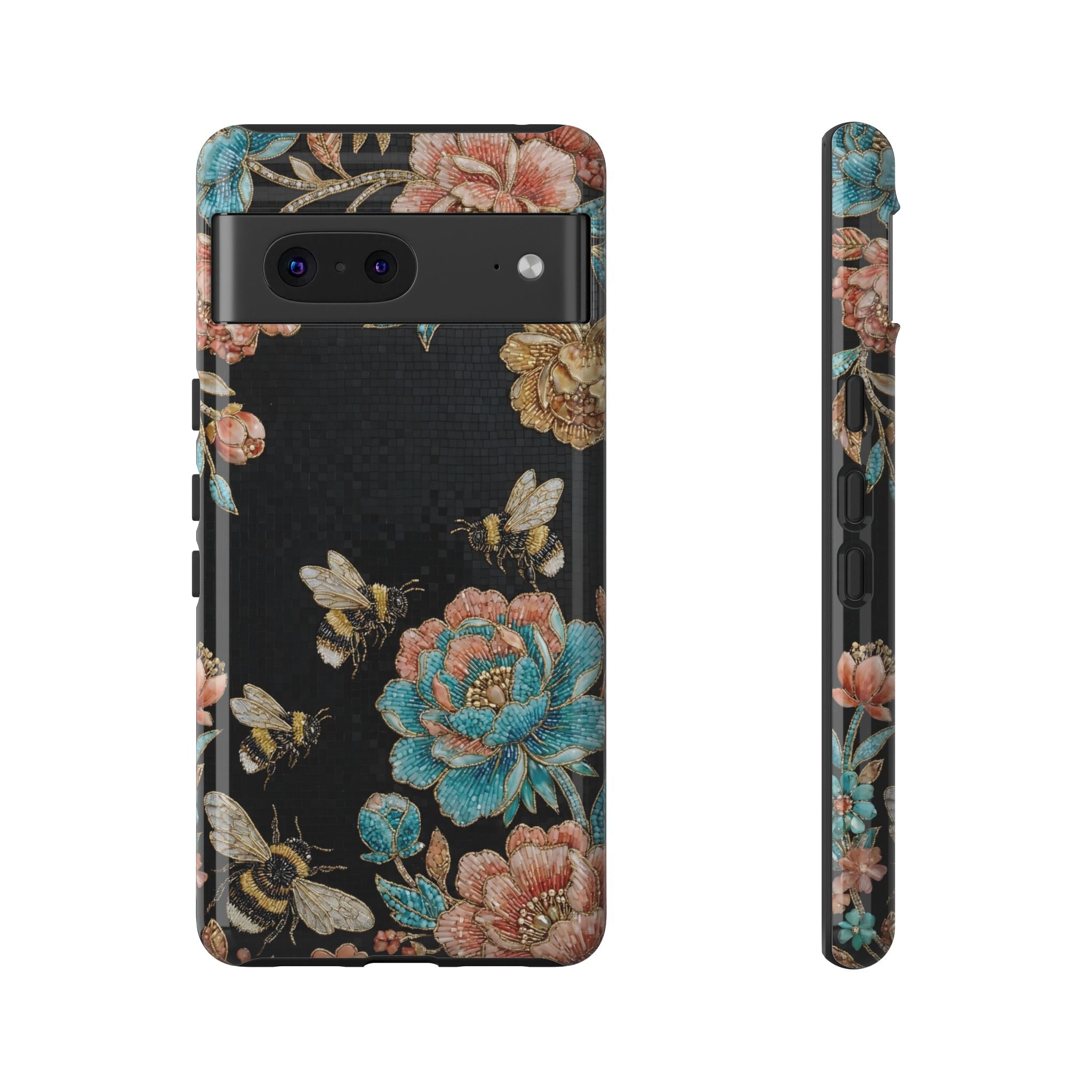 Floral Bees Tough Google Pixel Phone Case | Vintage Rose & Bumblebee Protective Cover