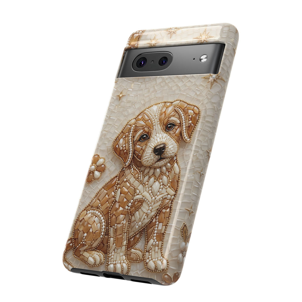Cute Mosaic Puppy Google Pixel Phone Case — Protective Phone Cover with Brown Puppy Art