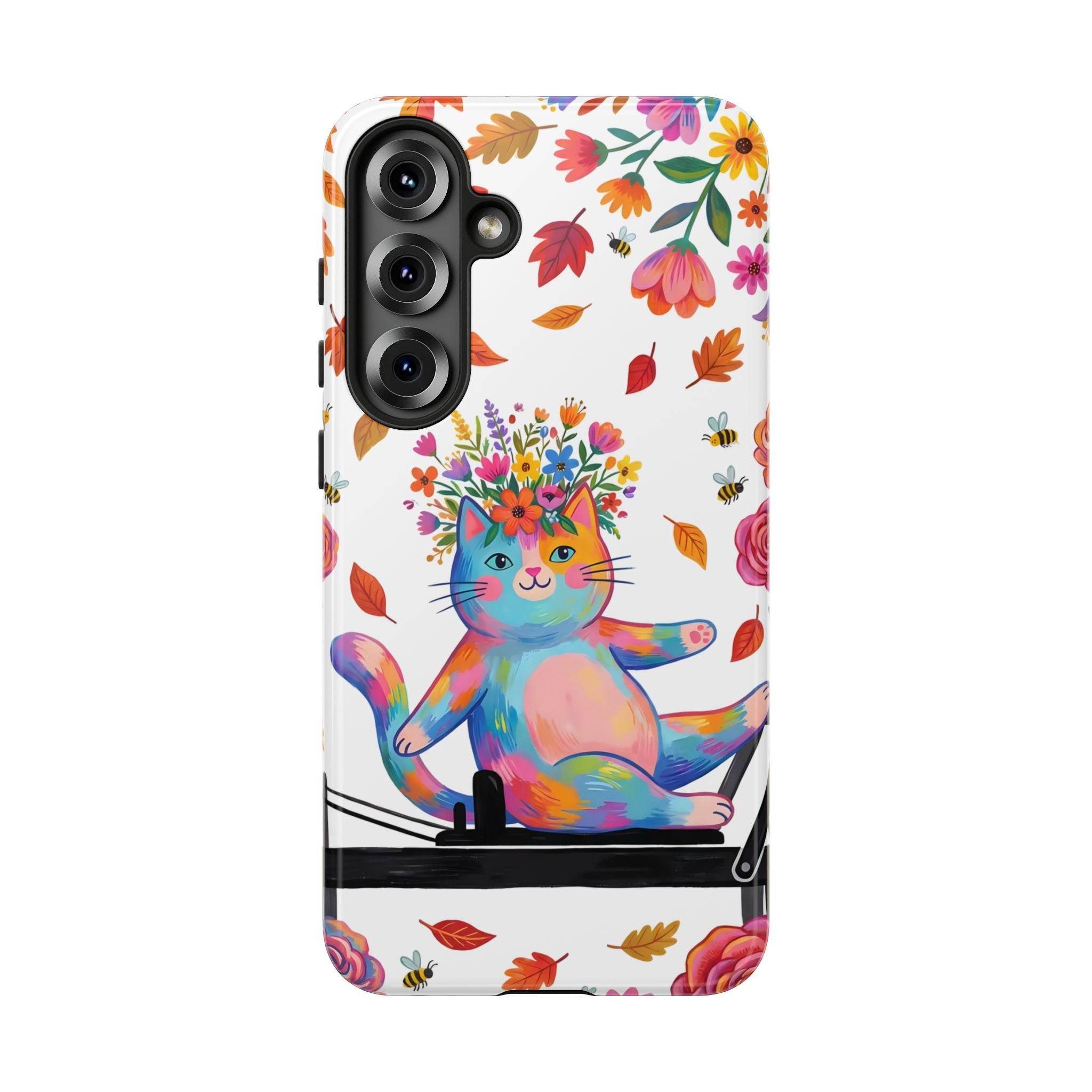 Colorful Floral Cat on Pilates Reformer Protective Samsung Galaxy Phone Case