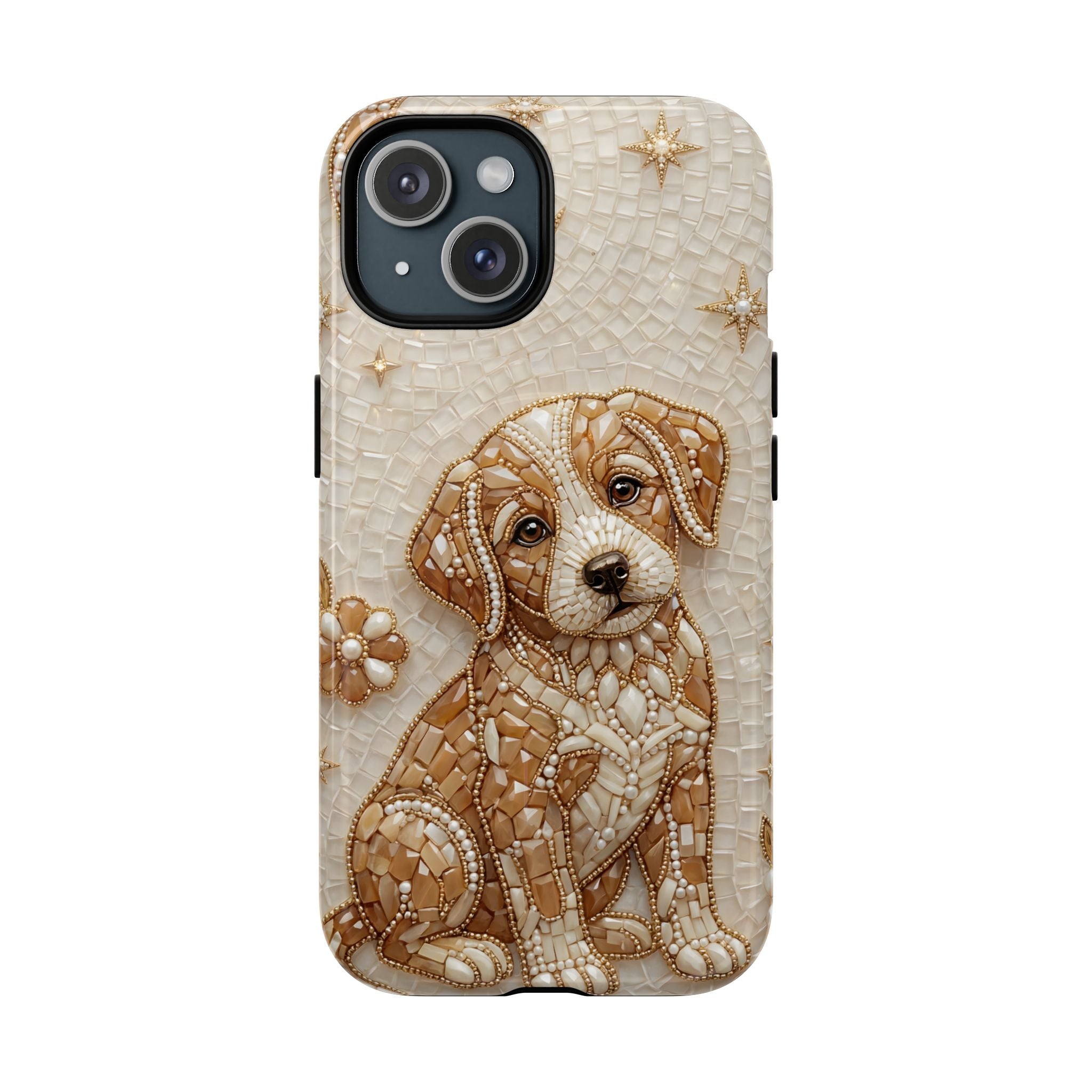Cute Mosaic Puppy MagSafe iPhone Case — Protective Phone Cover with Brown Puppy Art