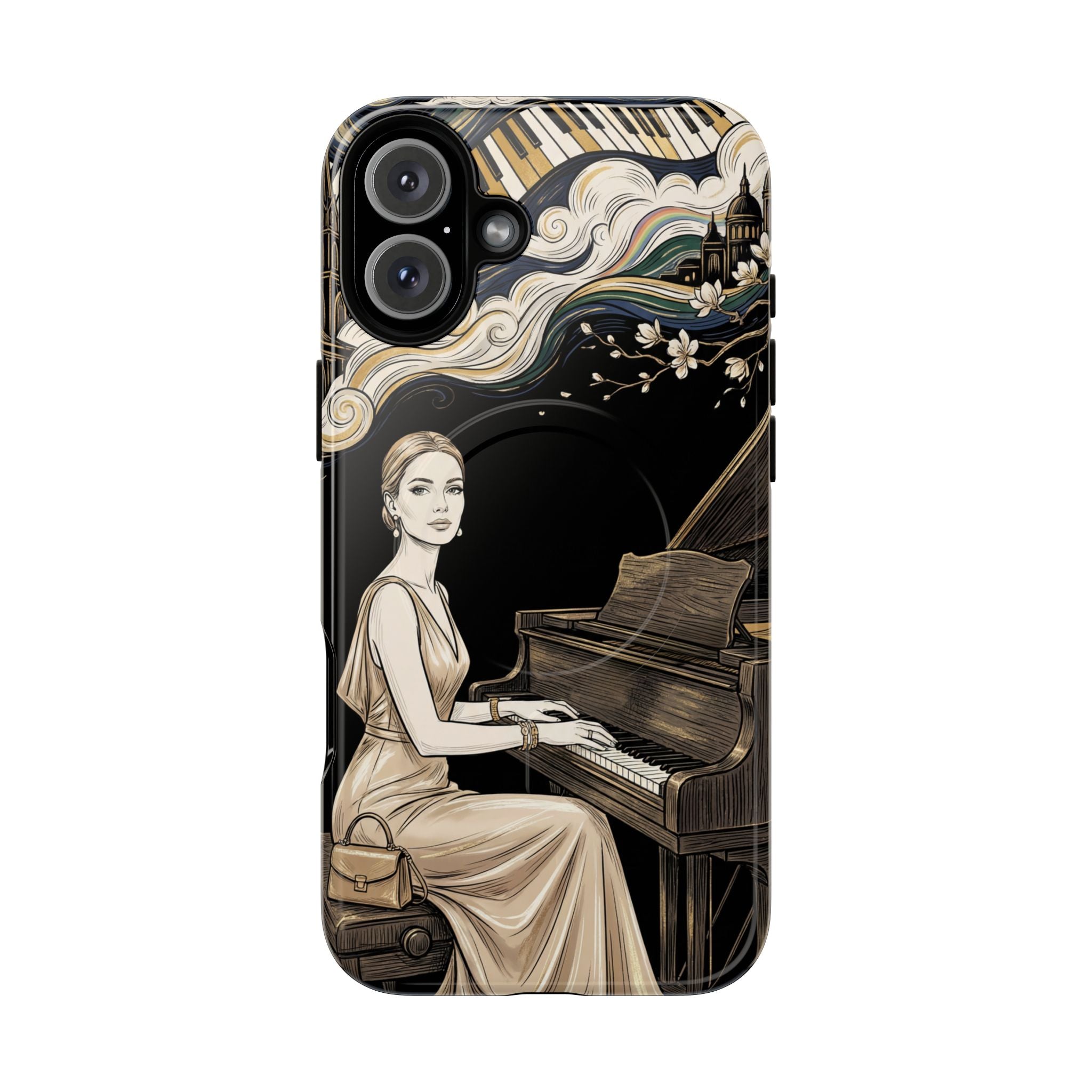 Elegant Piano Woman MagSafe iPhone Case | Vintage Art Deco Music Design