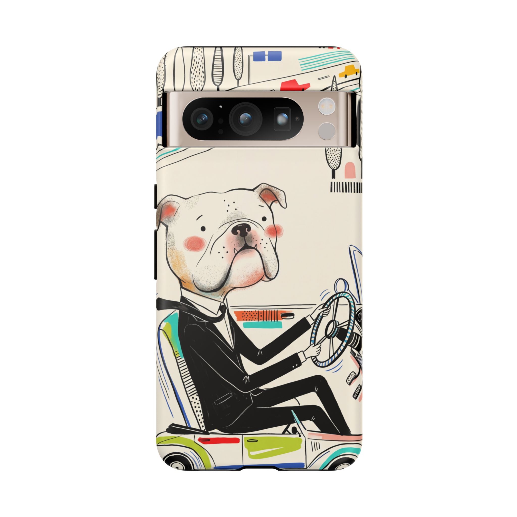 Bulldog Driver Google Pixel Phone Case | Cute Retro Dog Illustration