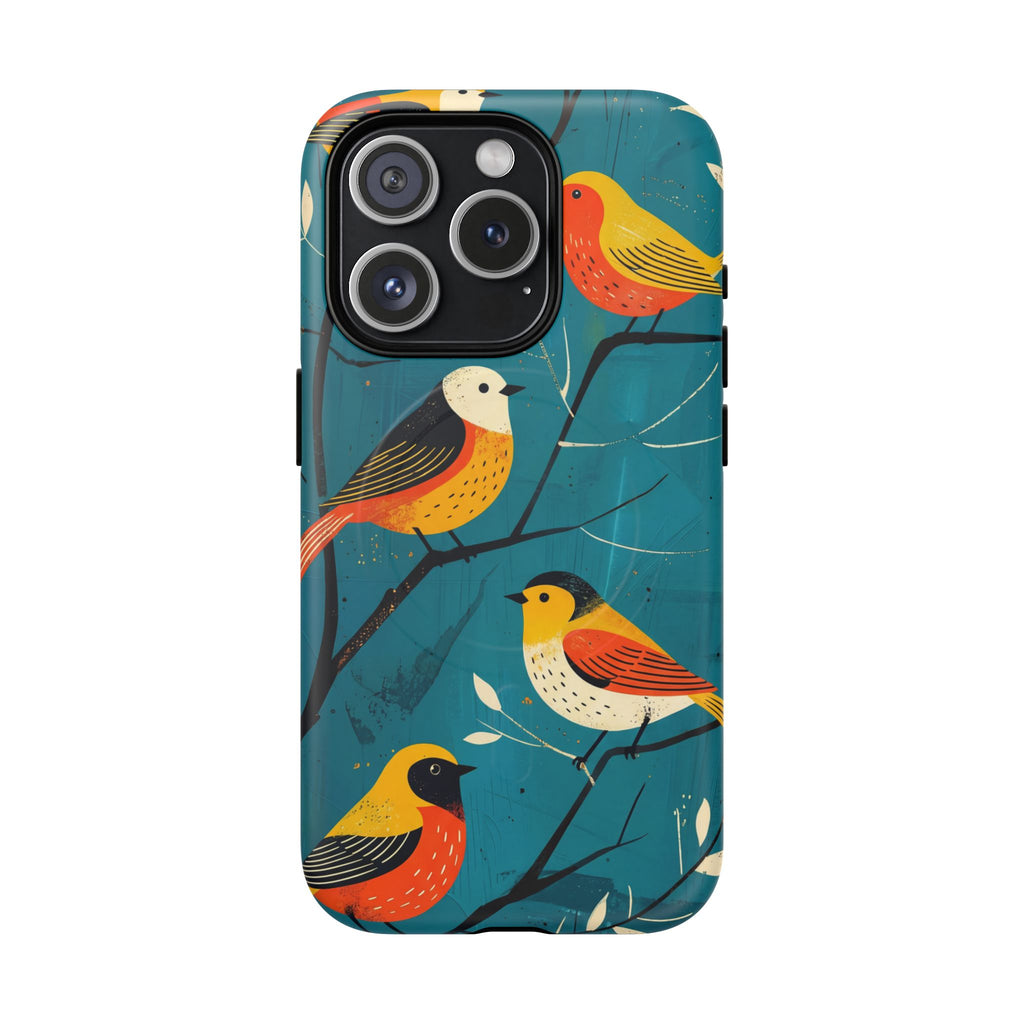 Bird Pattern Tough MagSafe iPhone Case | Colourful Songbirds on Teal Background