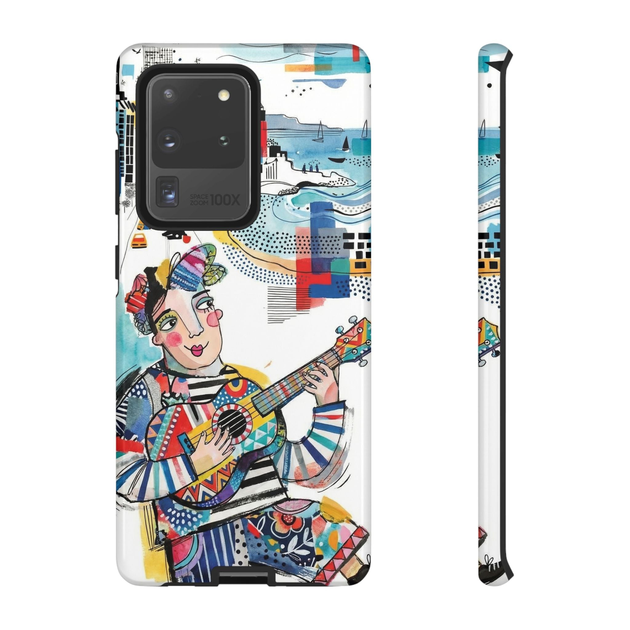 Custodia per Samsung Galaxy per Musicisti Artistici | Custodia Resistente con Chitarra Colorata e Paesaggio Urbano