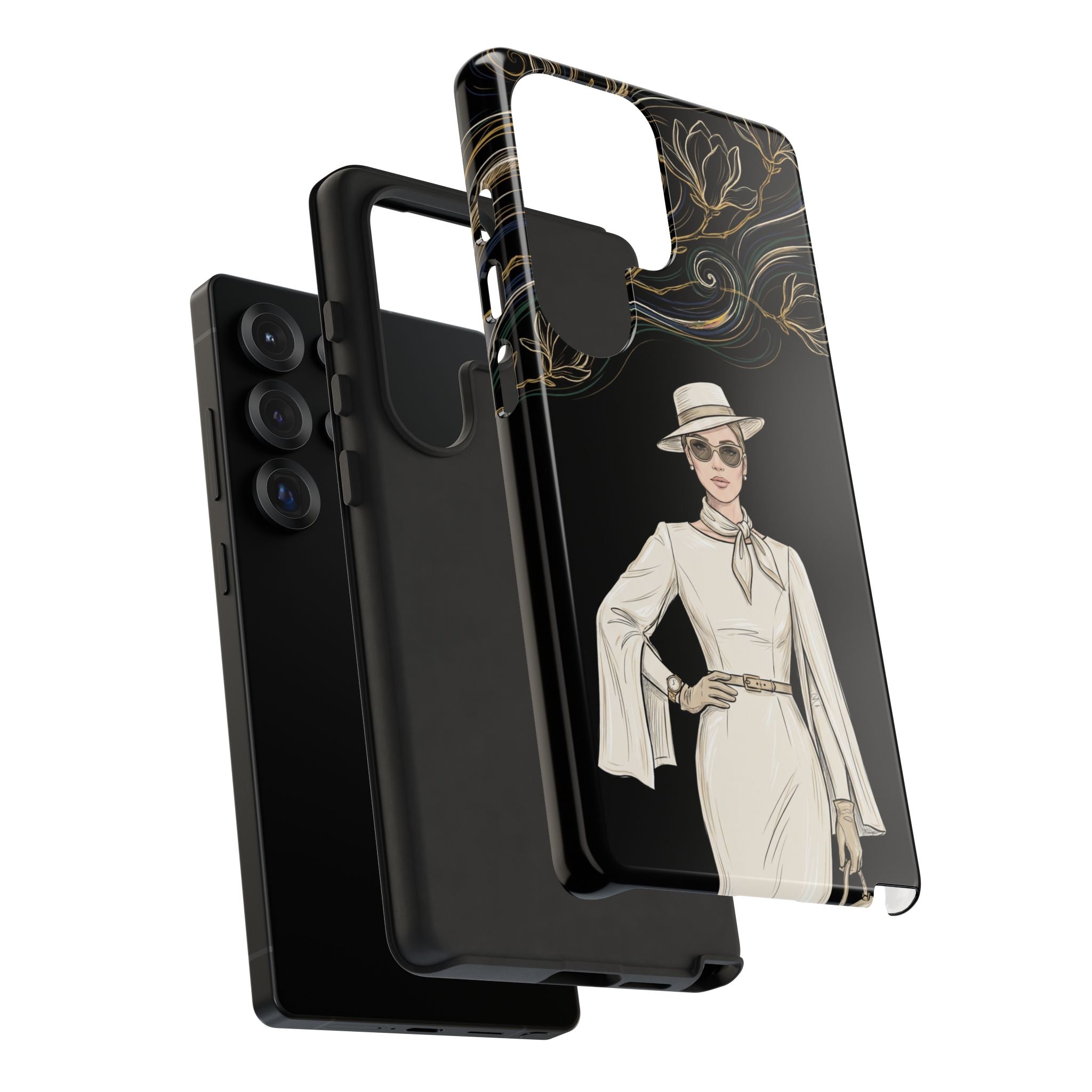 Samsung Galaxy Phone Case | Elegant Vintage Lady with Gold Floral Swirls