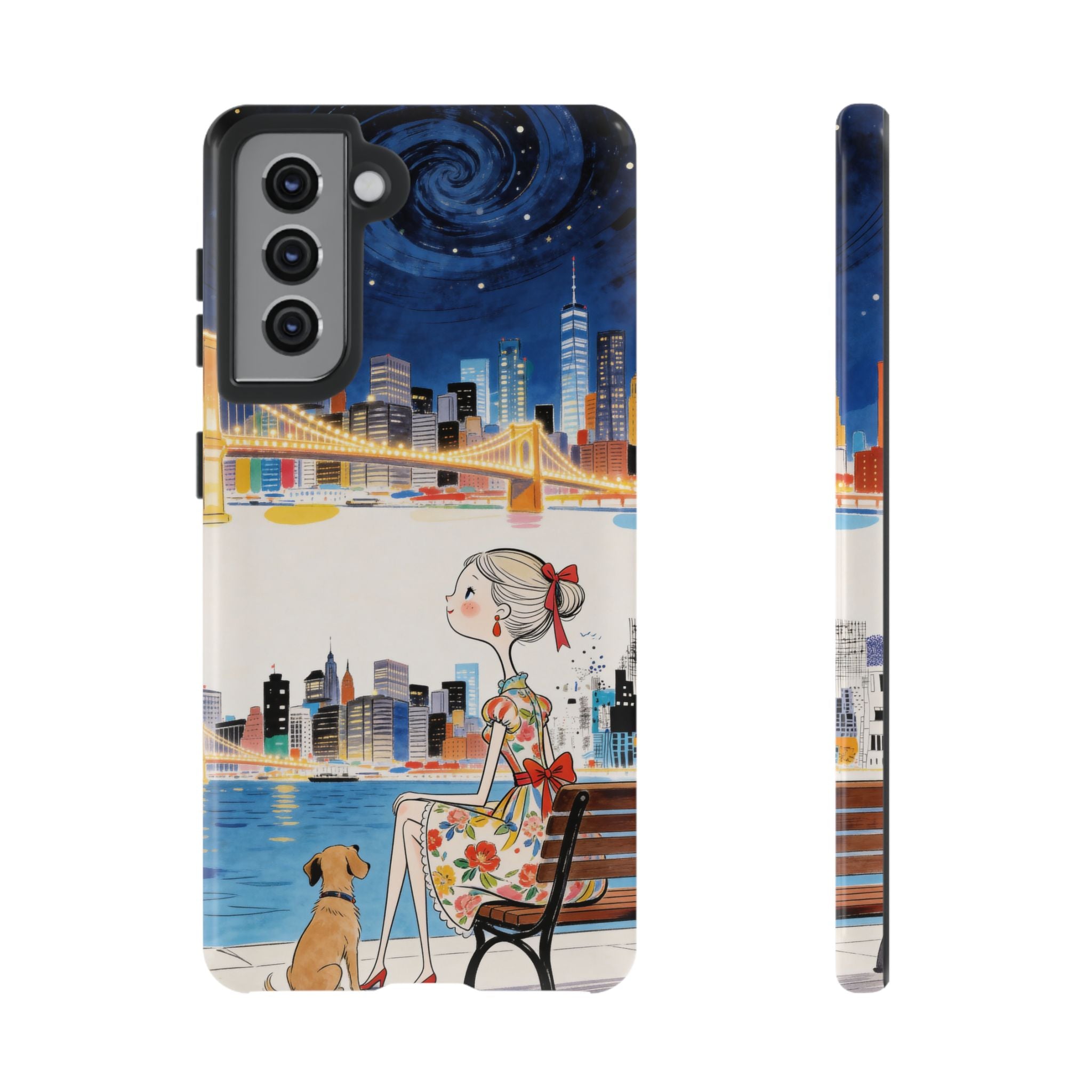 City Night Samsung Galaxy Phone Case | Cute Girl & Dog Bench Illustration