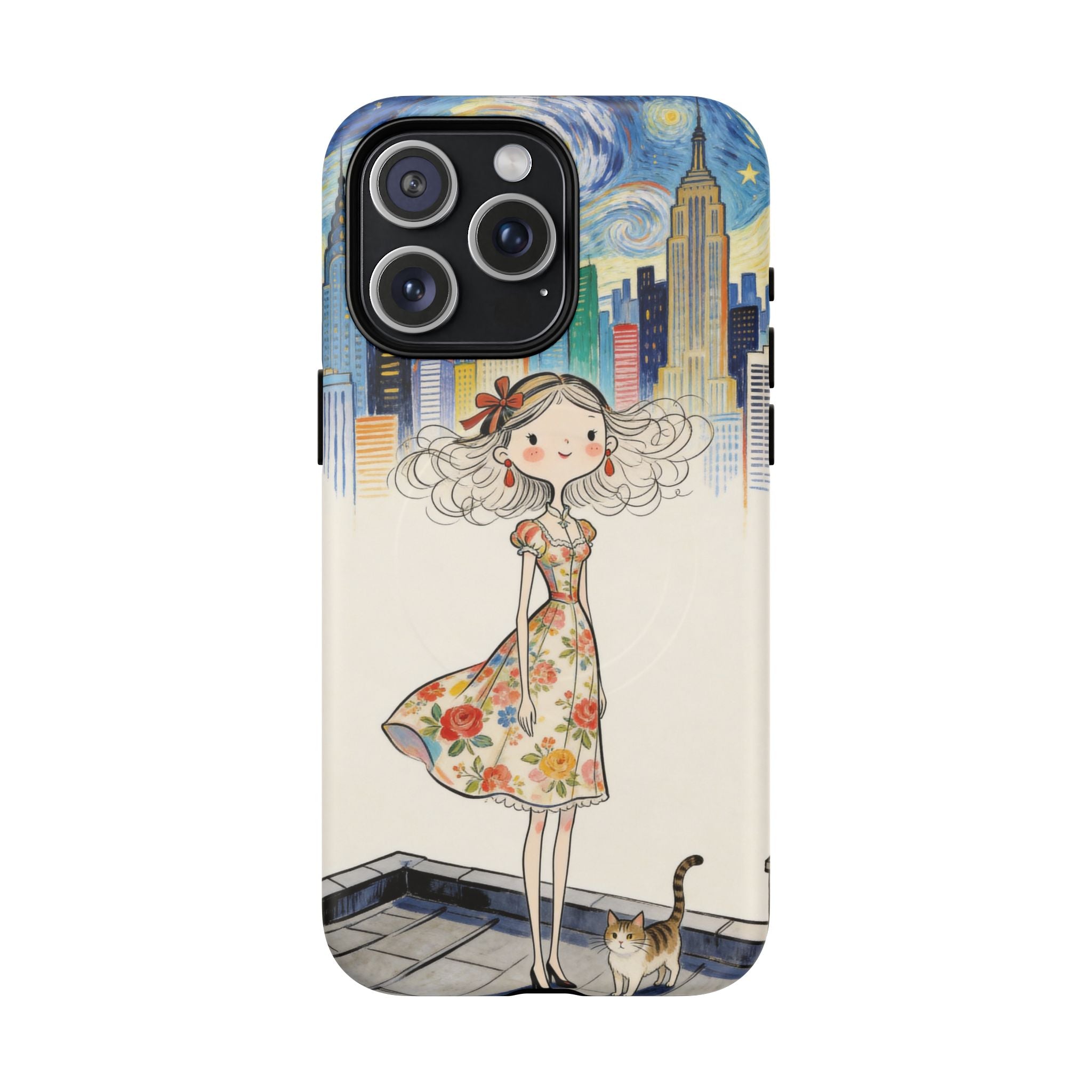Artistic Girl Cityscape MagSafe iPhone Case | Cute Floral Dress Rooftop Design