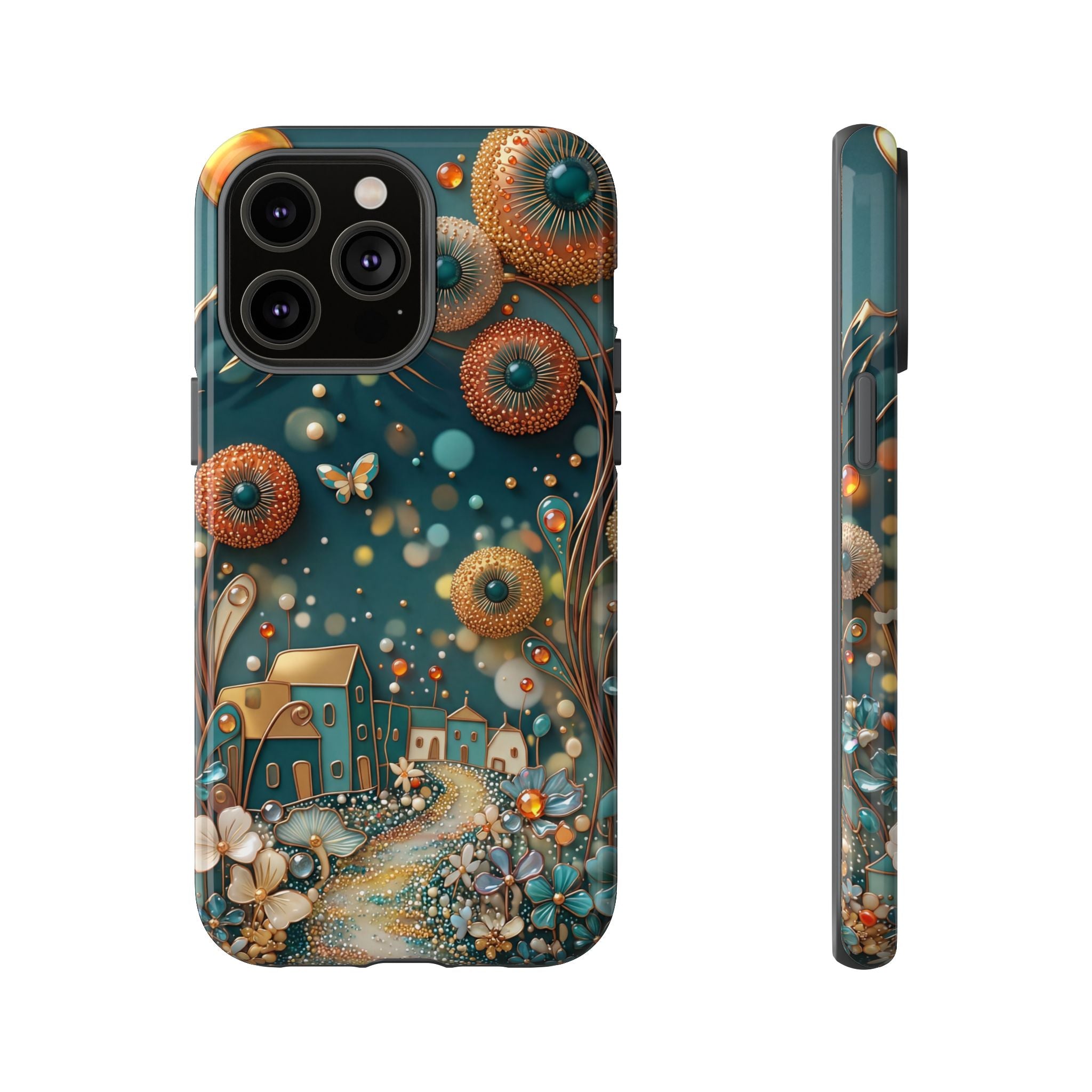 Whimsical Night Village iPhone Case | Floral Moonlit Art Tough Case