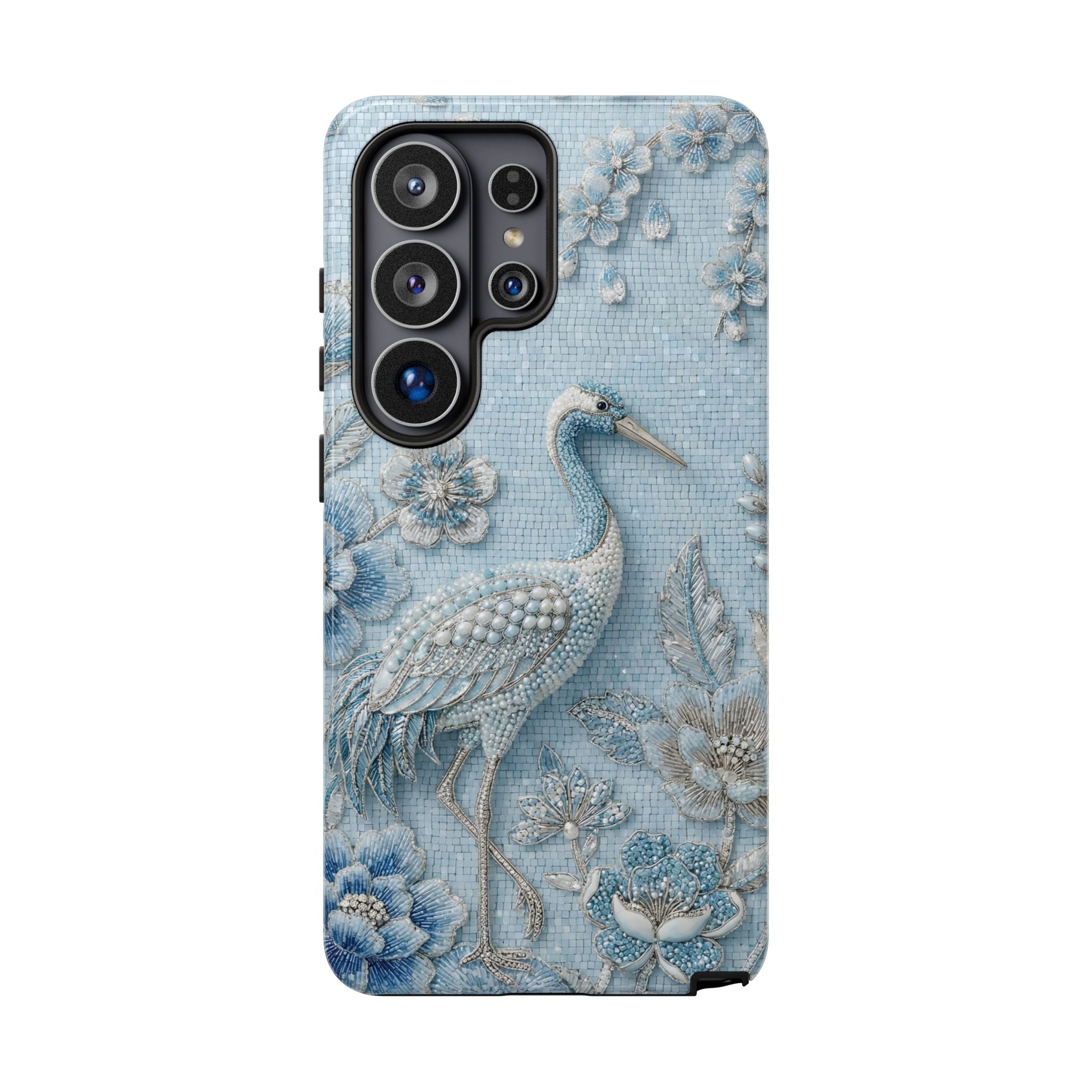 Blue Crane Floral Samsung Galaxy Phone Case | Vintage Embossed Bird Design