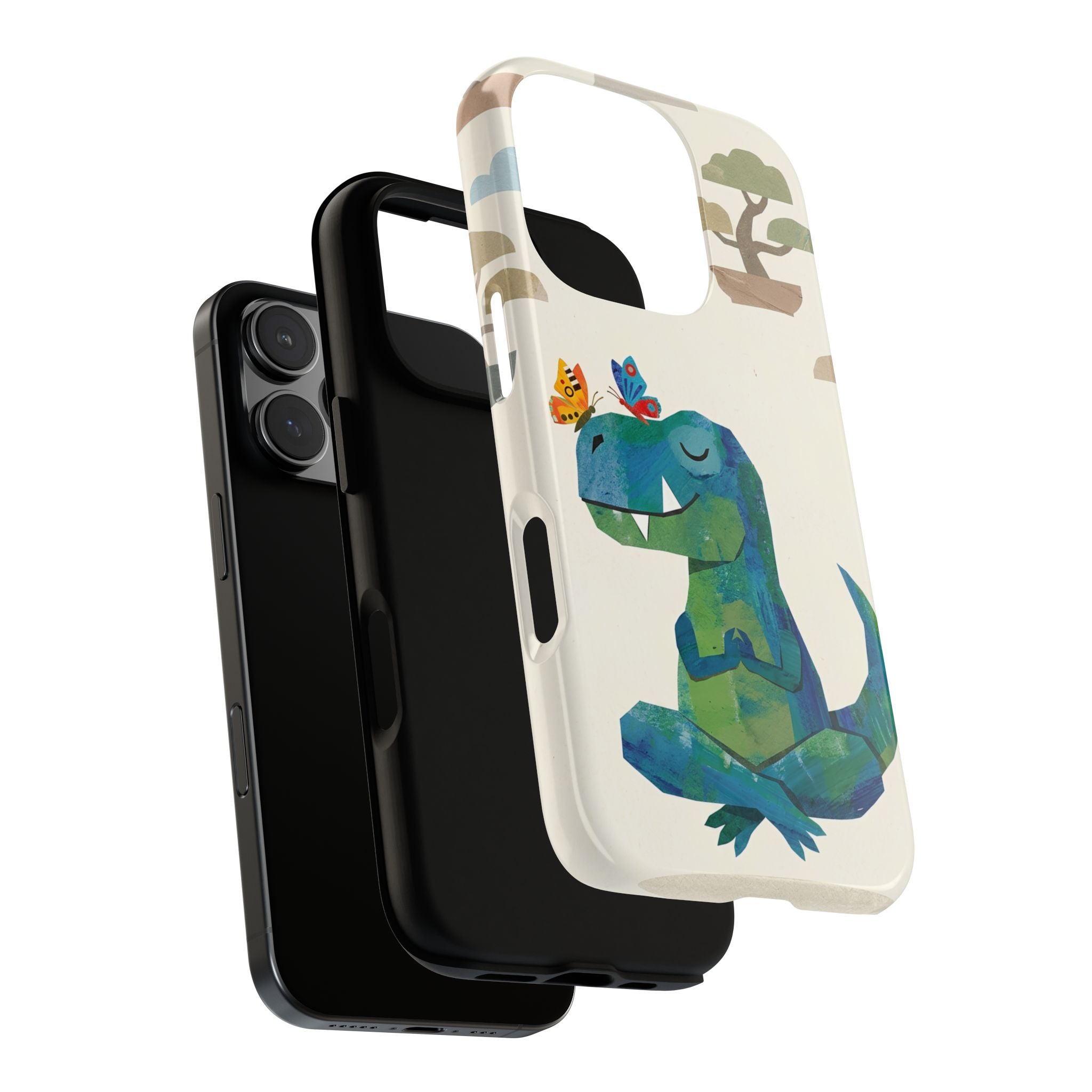 Meditating Dinosaur iPhone Case | Cute T-Rex with Butterflies and Bonsai