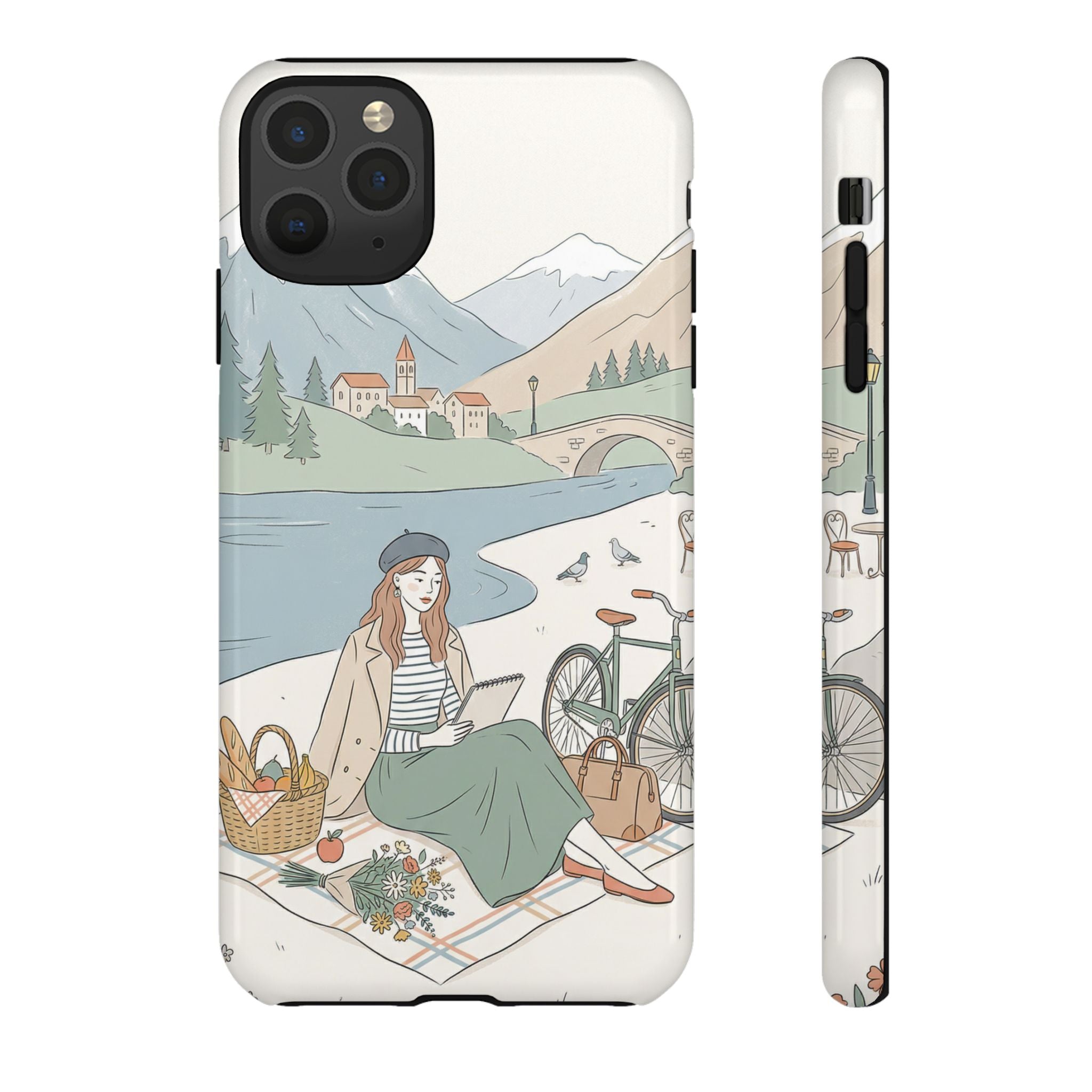 Scenic Picnic iPhone Case | Vintage Bicycle & Mountain Illustration