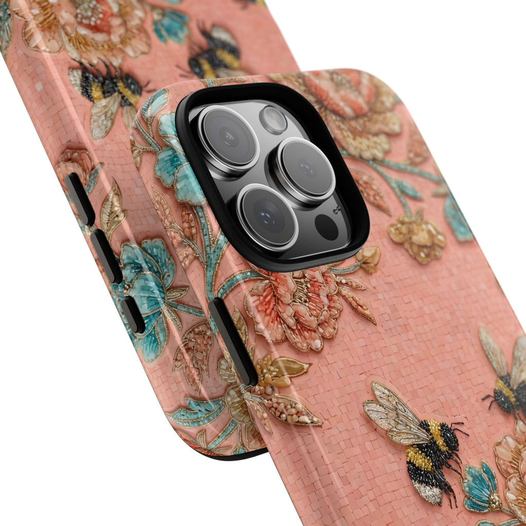Floral Bee Tough iPhone Case | Vintage Pink Garden Protective Cover