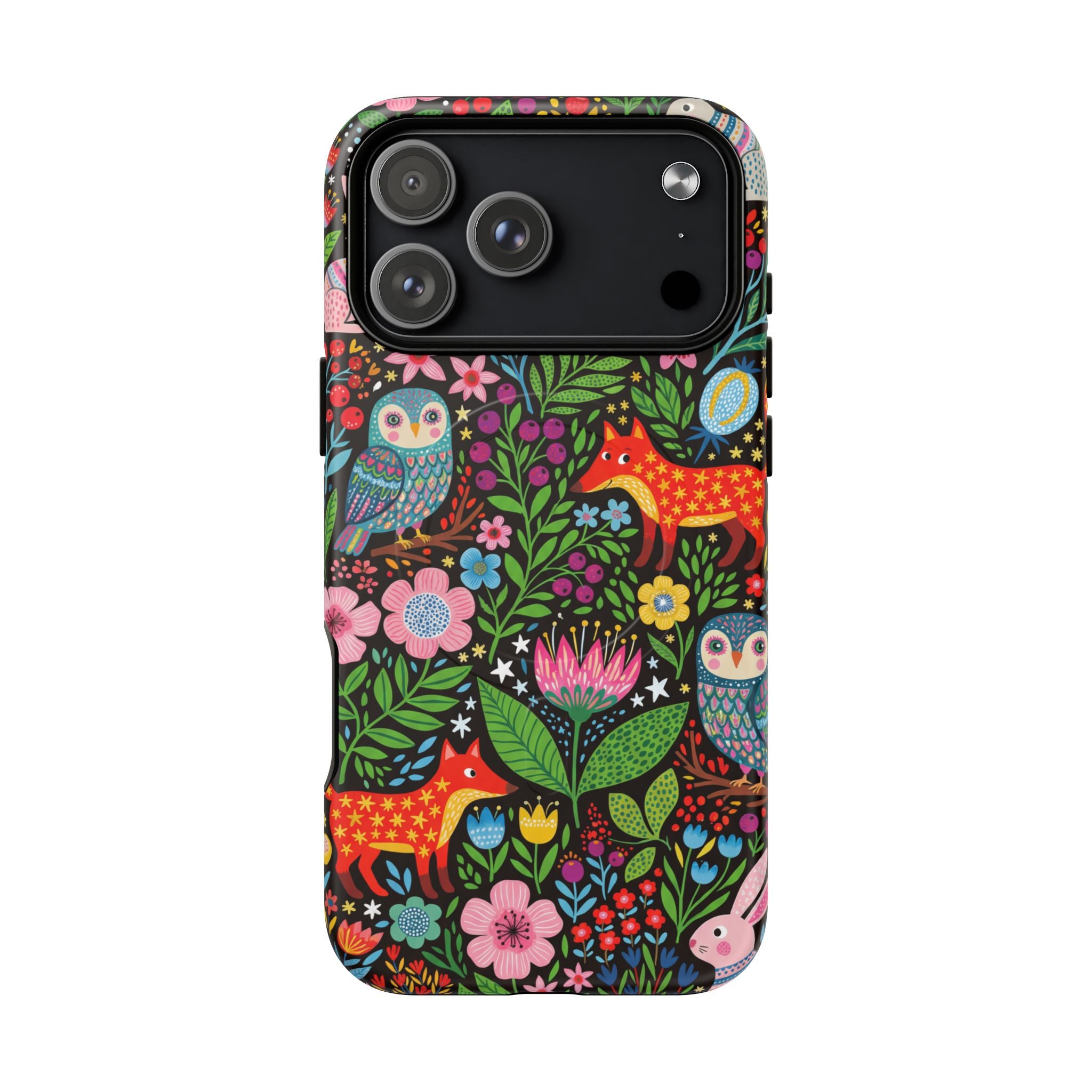 Floral Woodland MagSafe iPhone Case | Colourful Fox & Owl Protective Cover