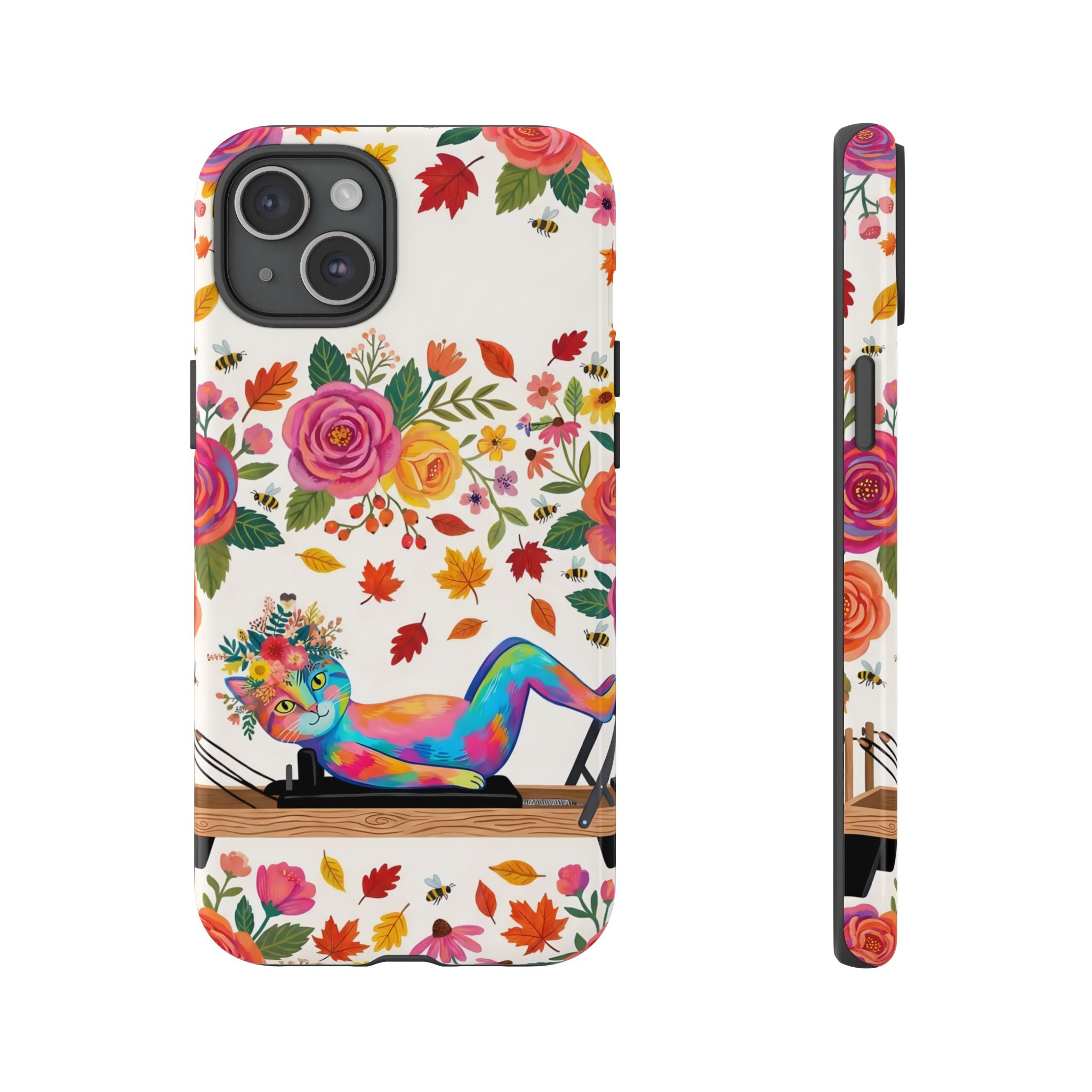 Autumn Floral Pilates iPhone Case | Colorful Rainbow Pilates Cat on Falling Leaves