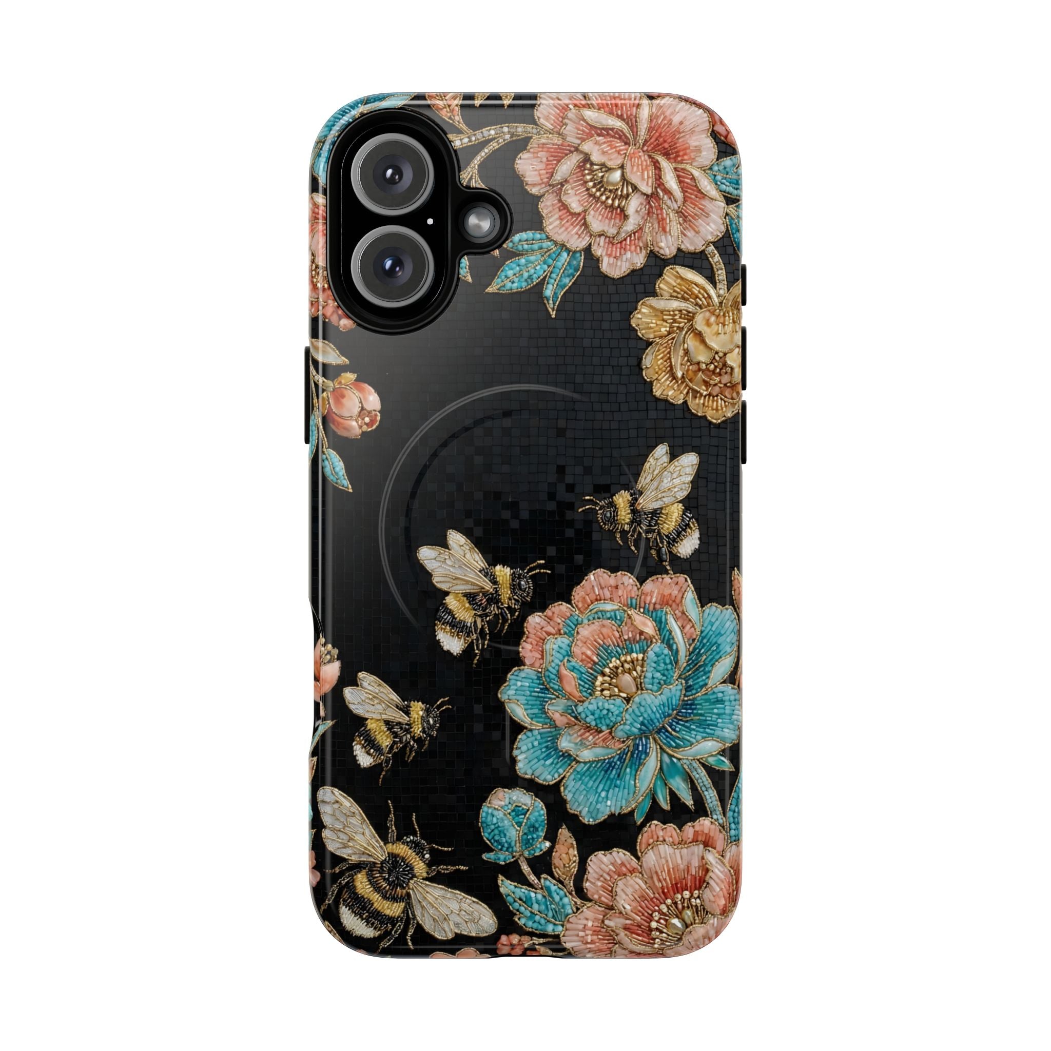 Floral Bees Tough MagSafe iPhone Case | Vintage Rose & Bumblebee Protective Cover