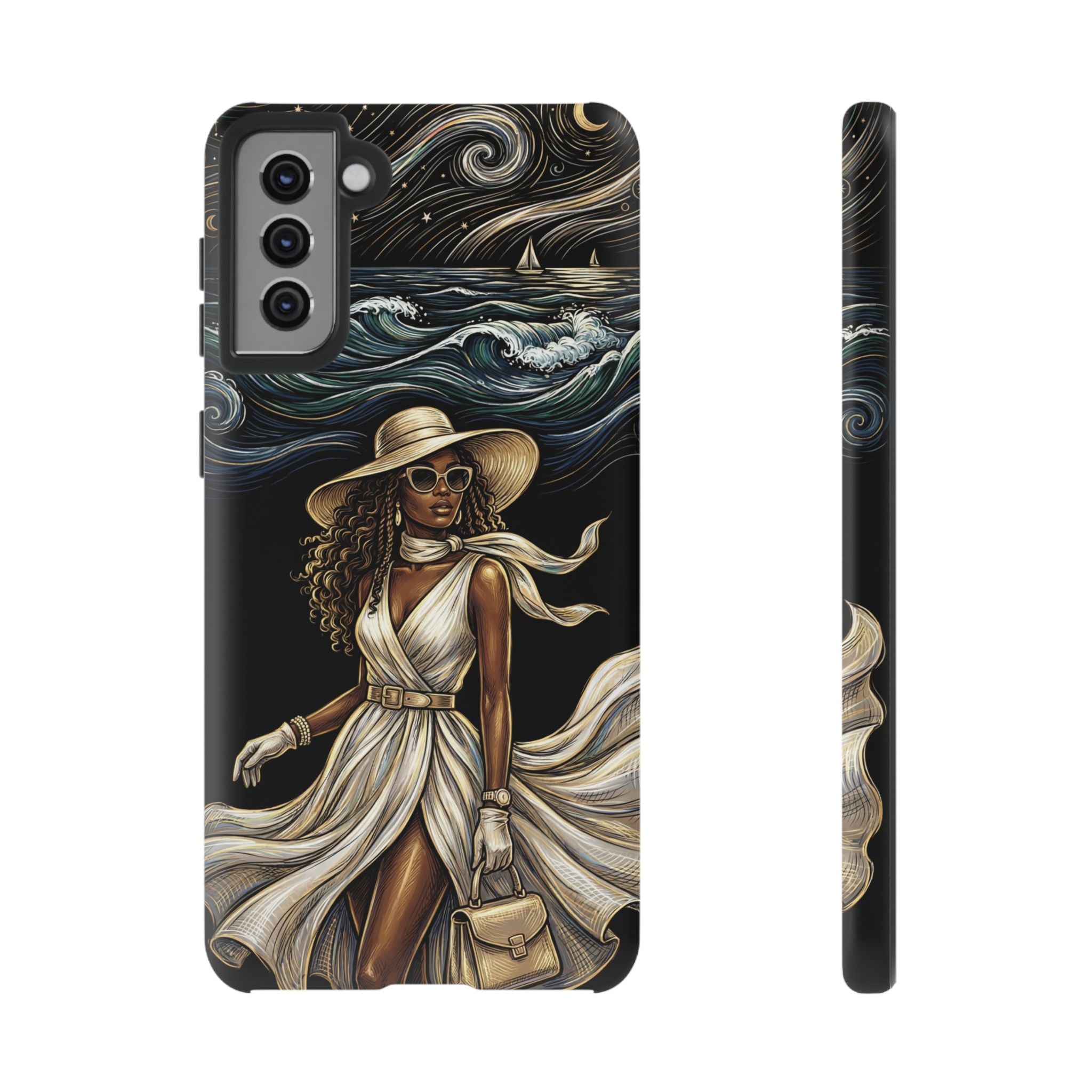 Samsung Galaxy Phone Case | Elegant Black Woman in Flowing Dress by the Sea