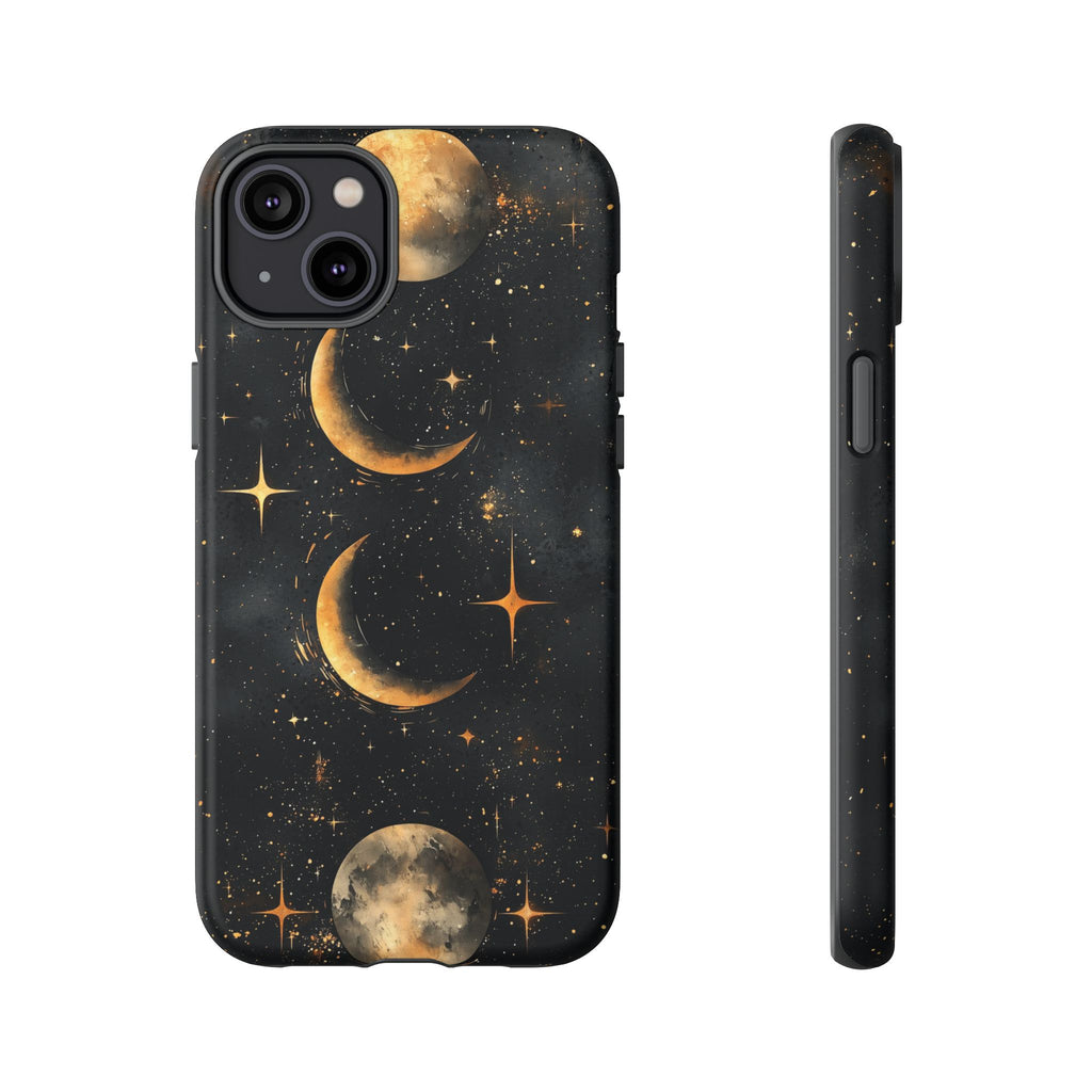 Celestial Moon Phases Tough iPhone Case | Gold Crescent & Full Moon Galaxy Design
