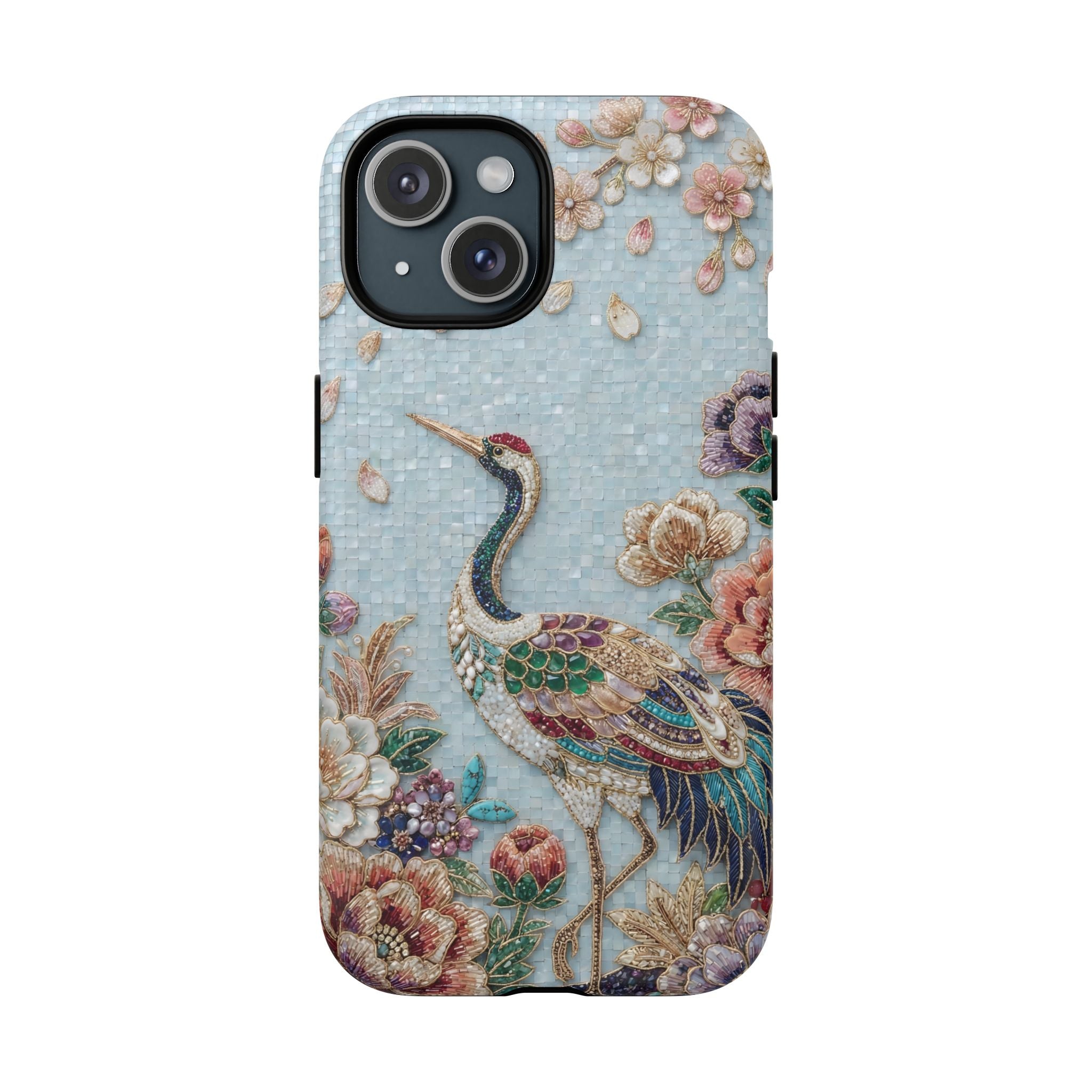 Floral Crane Tough MagSafe iPhone Case | Vintage Embroidered Bird Protection