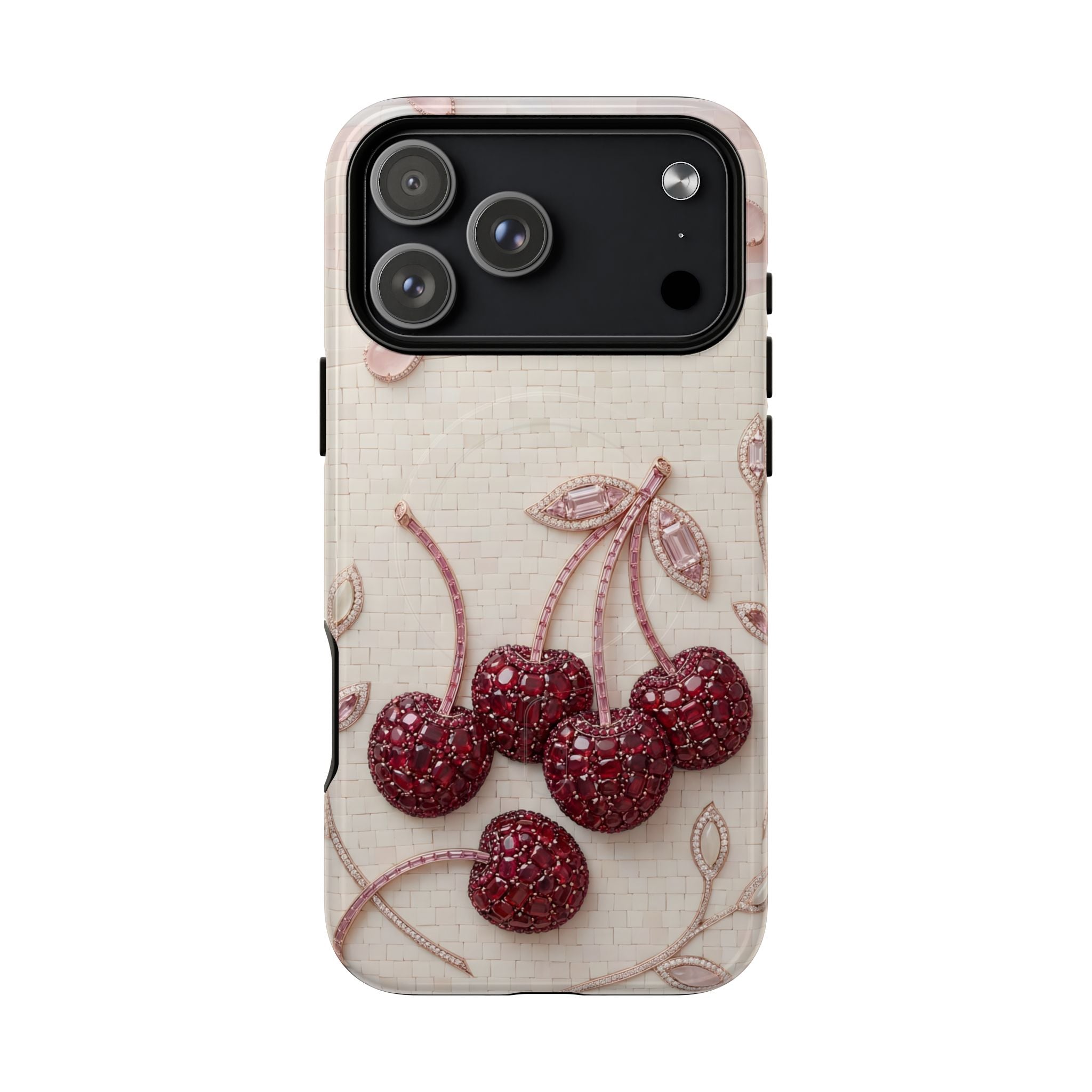Cherry Embroidery MagSafe iPhone Case | Glitter Red Cherries Pattern