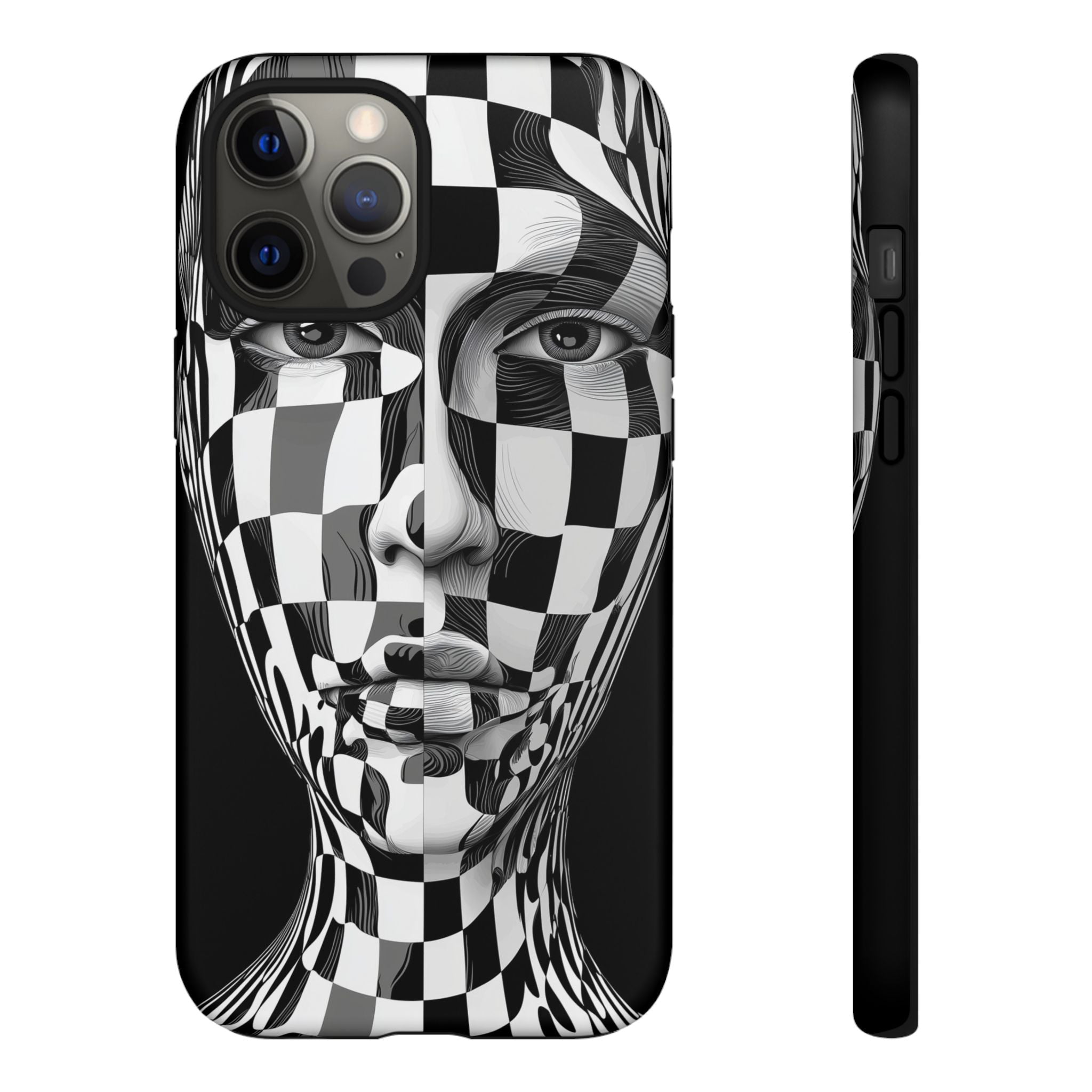 Checkerboard Face Tough iPhone Case — Black & White Surreal Art Protective Cover
