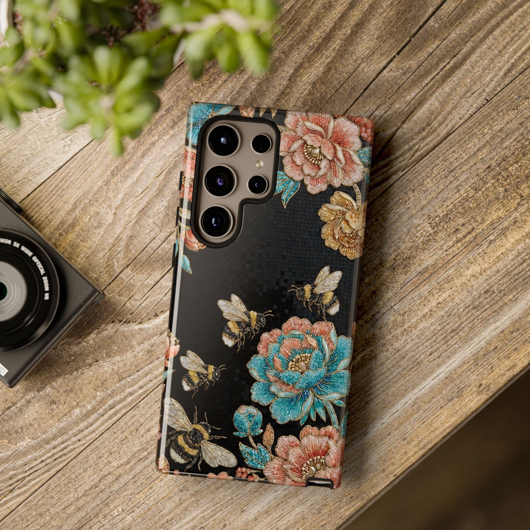 Floral Bees Tough Samsung Galaxy Phone Case | Vintage Rose & Bumblebee Protective Cover