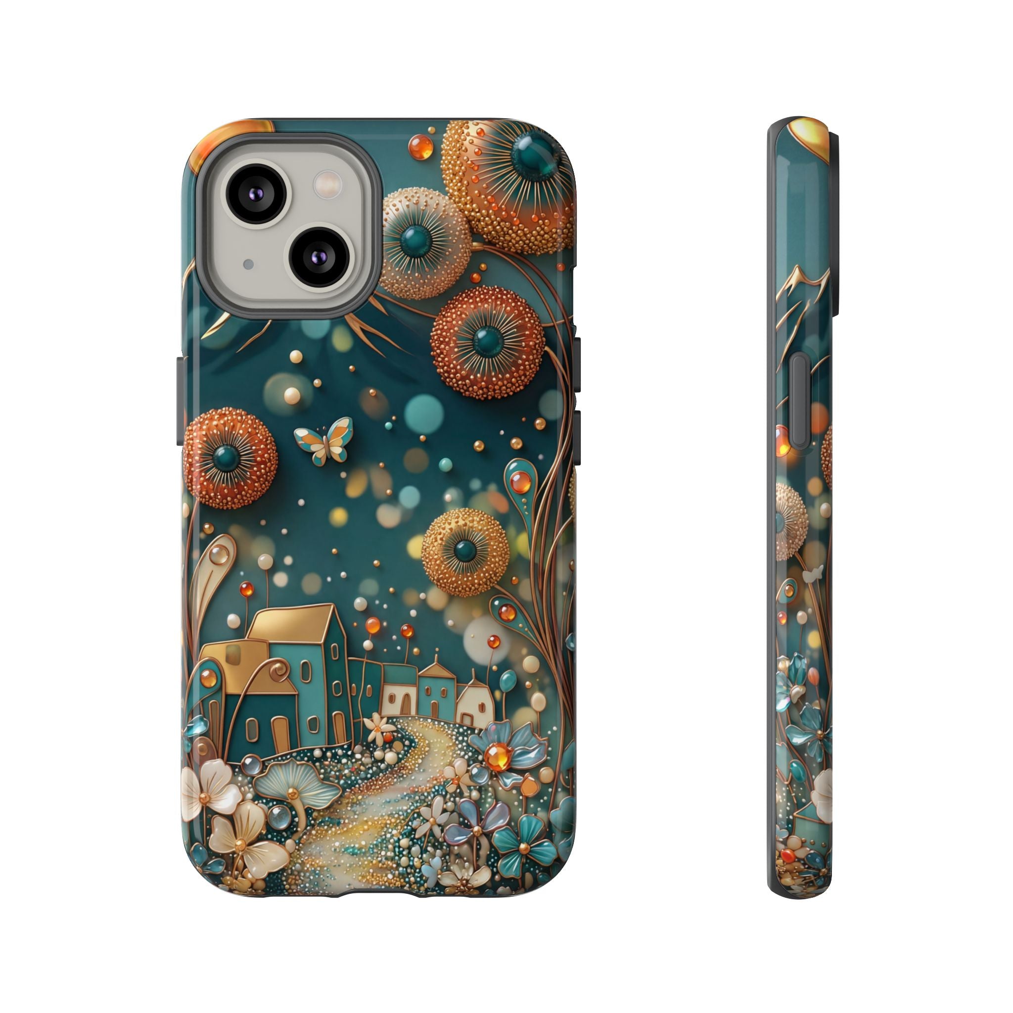 Whimsical Night Village iPhone Case | Floral Moonlit Art Tough Case