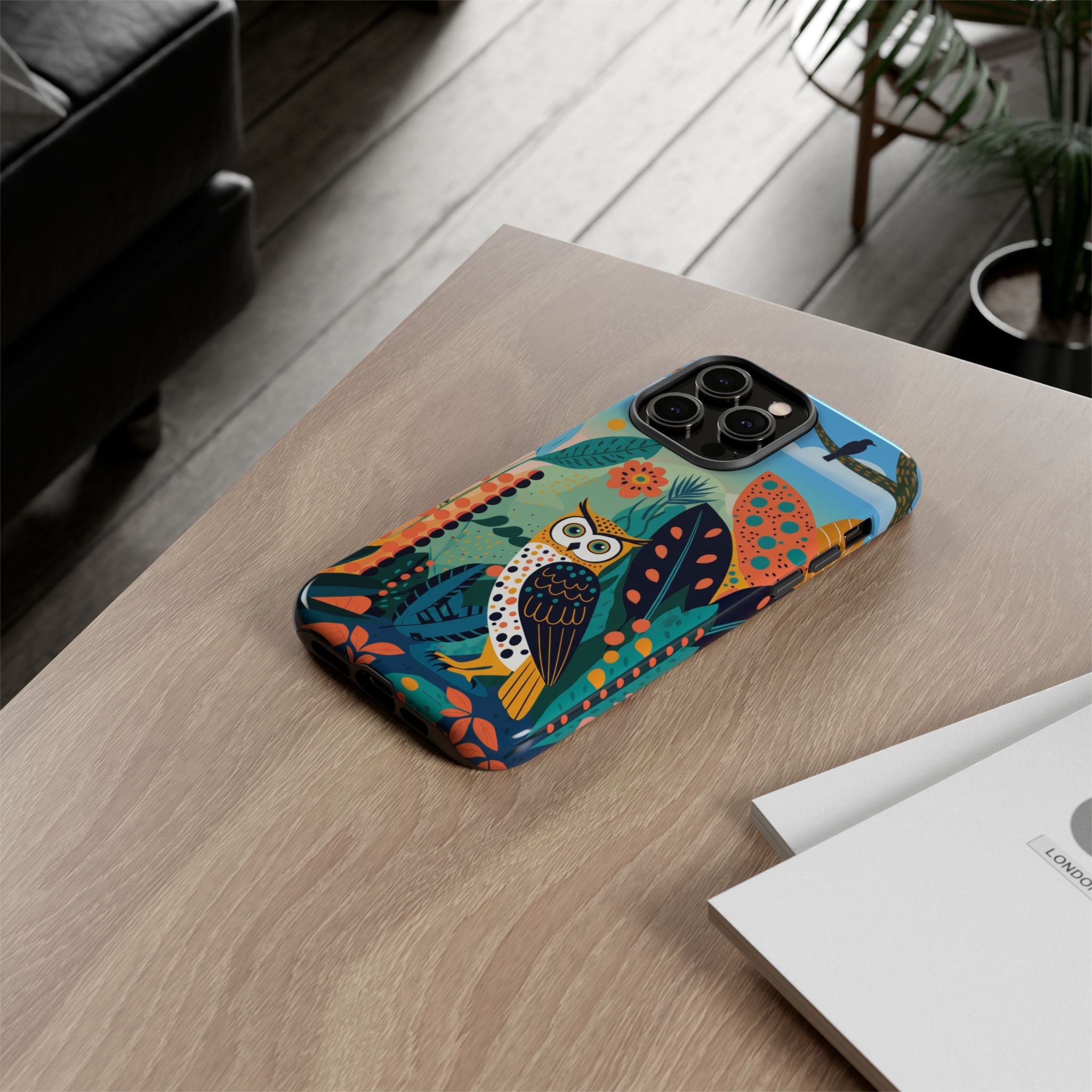 Custodia iPhone Gufo Colorato con Motivo Botanico Forestale