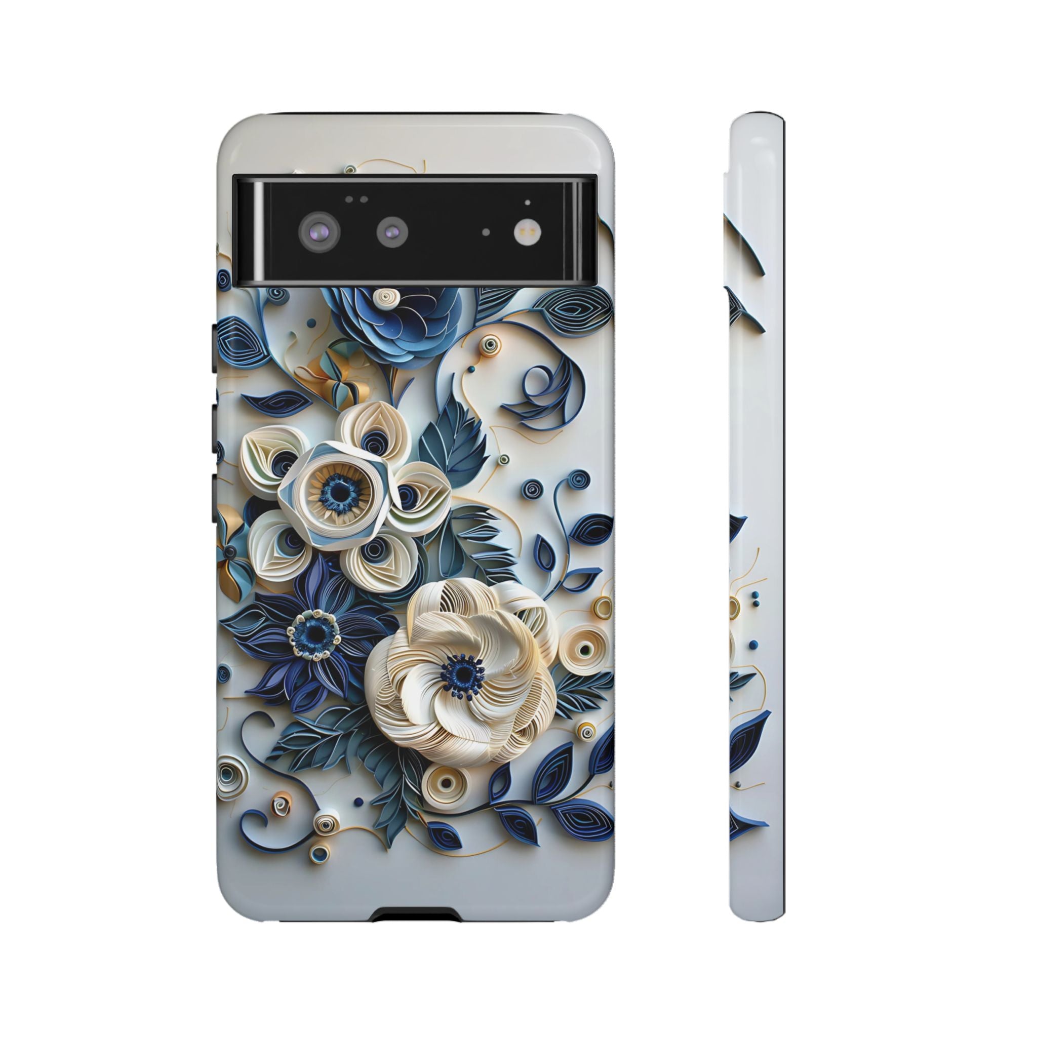 Floral Quilled Art Google Pixel Case — Blue & Cream Decorative Protection