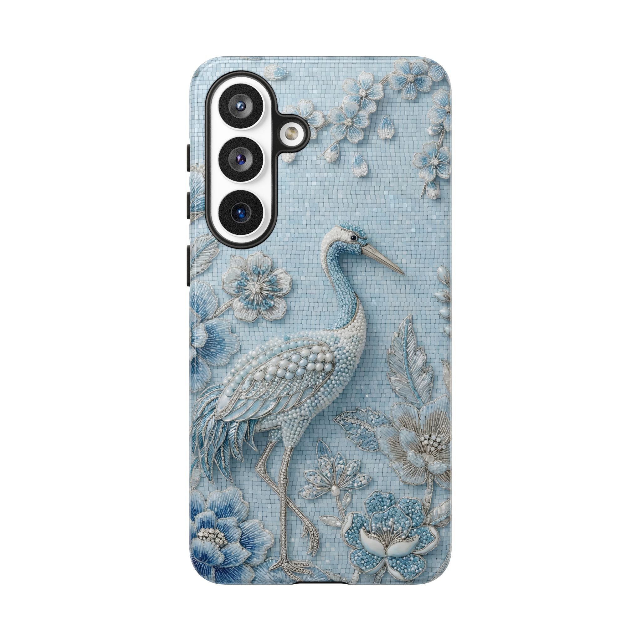 Blue Crane Floral Samsung Galaxy Phone Case | Vintage Embossed Bird Design