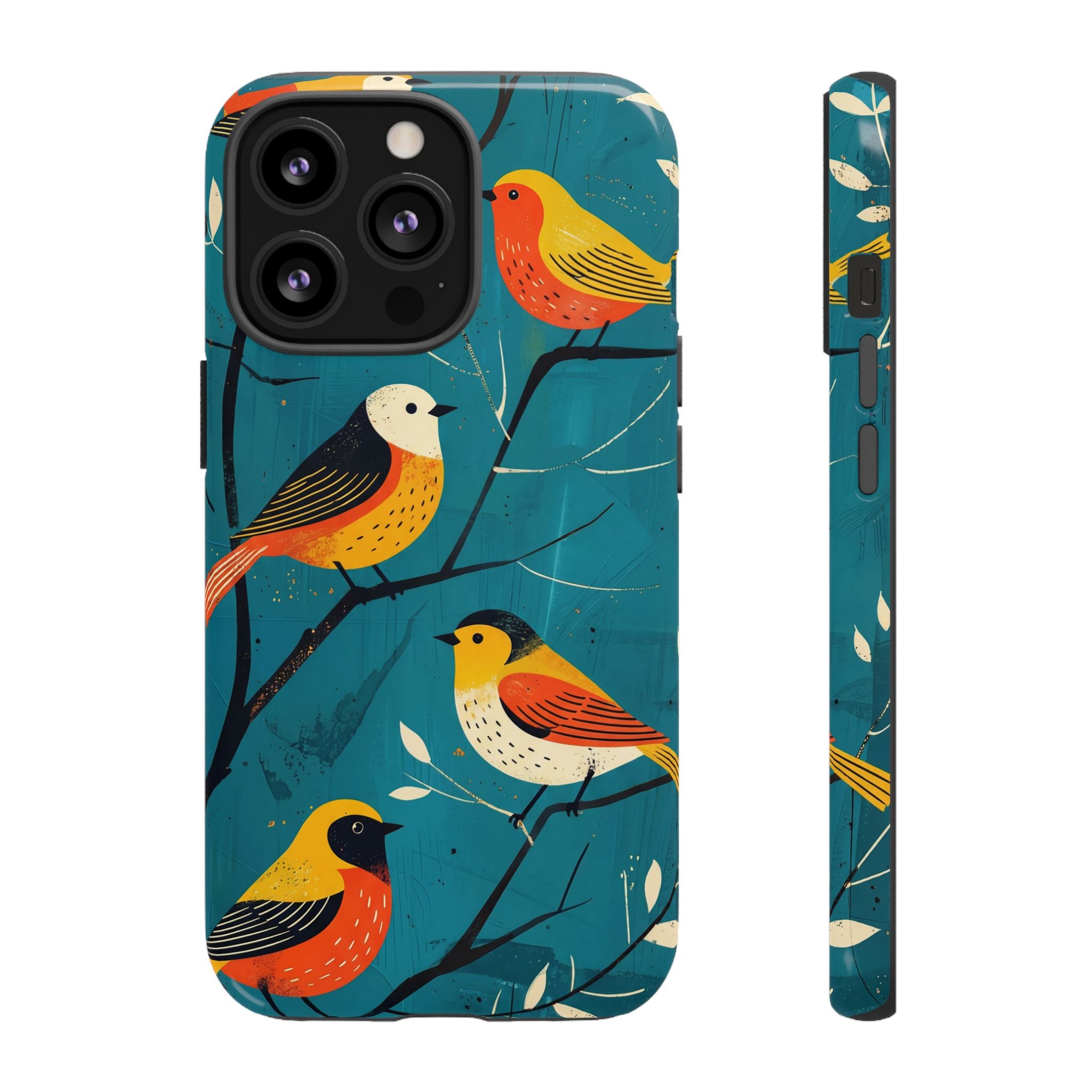 Bird Pattern Tough iPhone Case | Colourful Songbirds on Teal Background